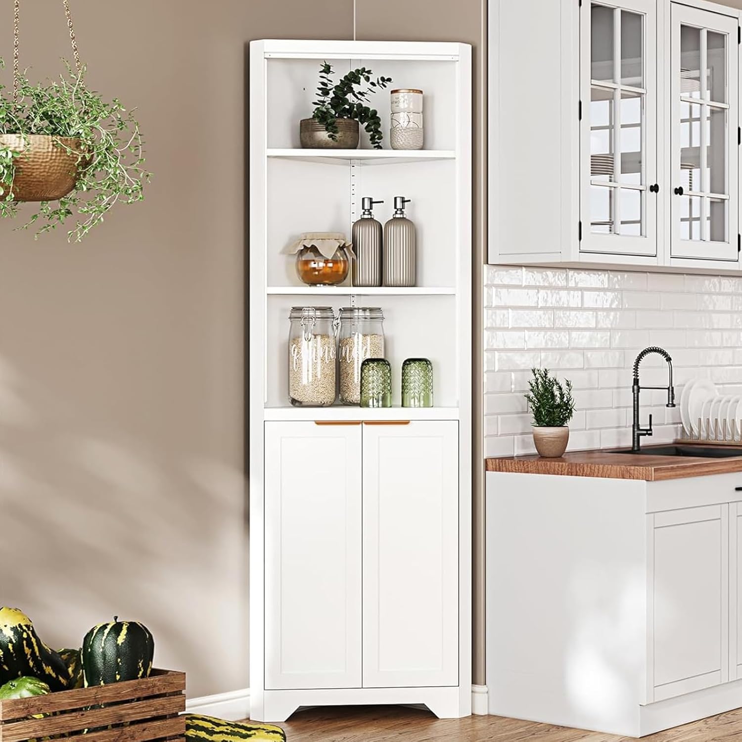 Corner Storage Cabinet with 2 Doors and 3 Shelves,Metal White Tall Corner Cabinets for Home Kitchen