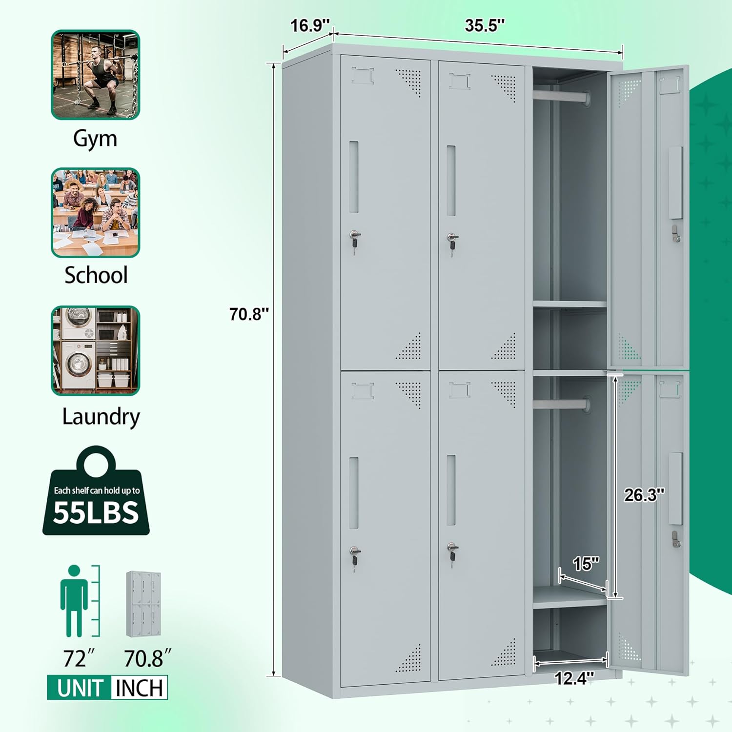 Metal Lockers for Employees,71" Steel Storage Cabinet with 6 Door Lockable for Office Staff,Home,Gym,School (Grey White)