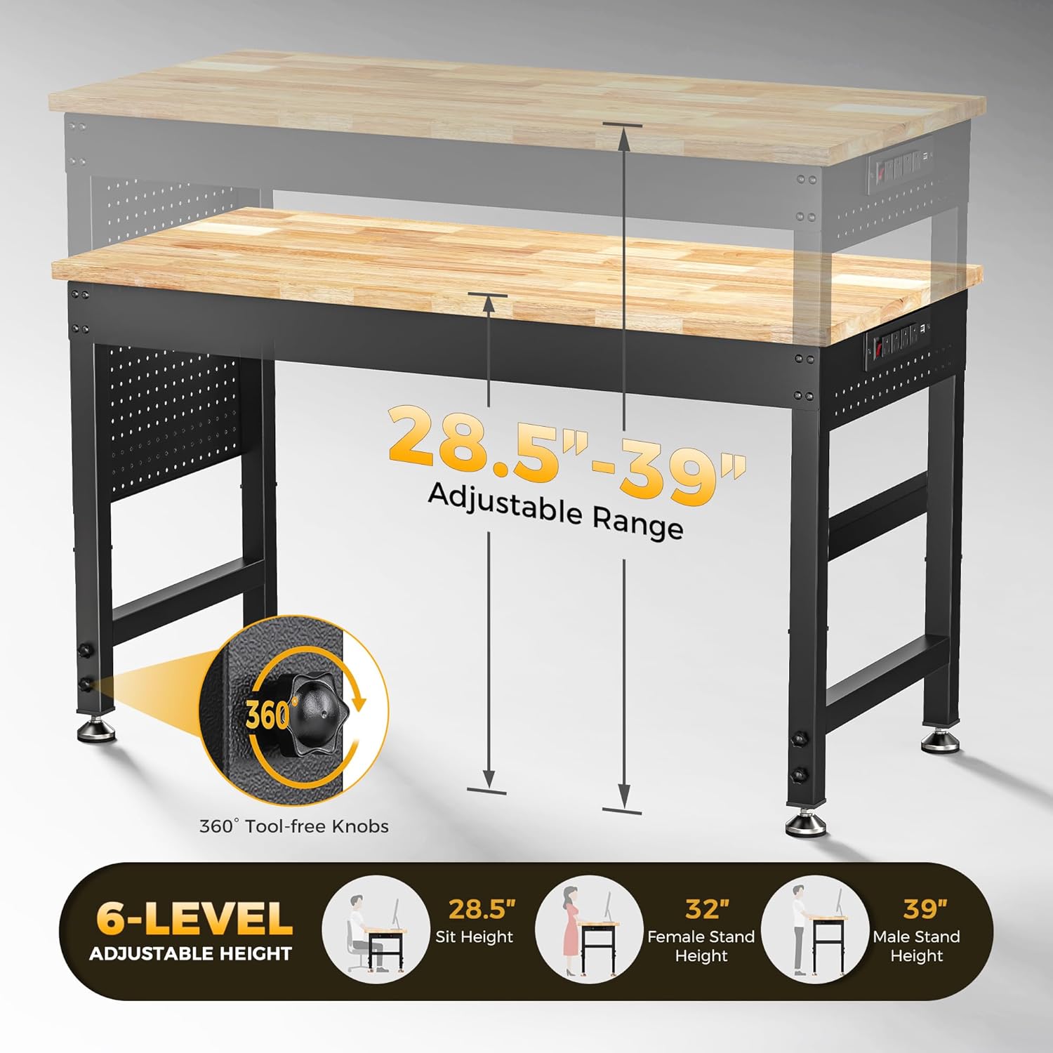 47.6" Adjustable Heavy Duty Workbench, 2000 lbs Load Rubberwood Work Table with Pegboard & Power Outlets for Garage, Workshop & Home