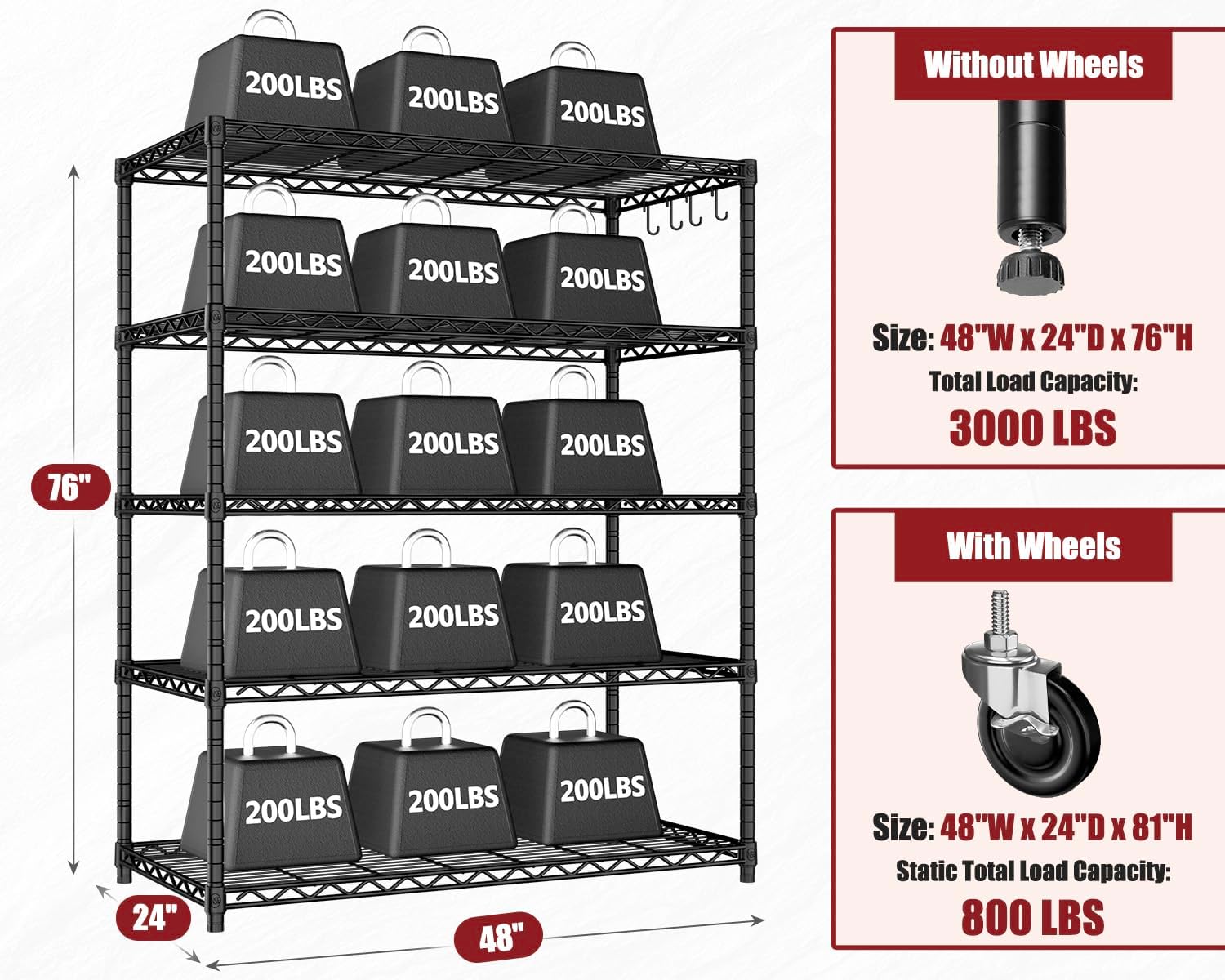 4-Tier Heavy Duty Wire Shelving with Wheels, Adjustable NSF-Certified Rolling Storage Rack for Garage & Pantry, 60"W x 24"D x 76"H