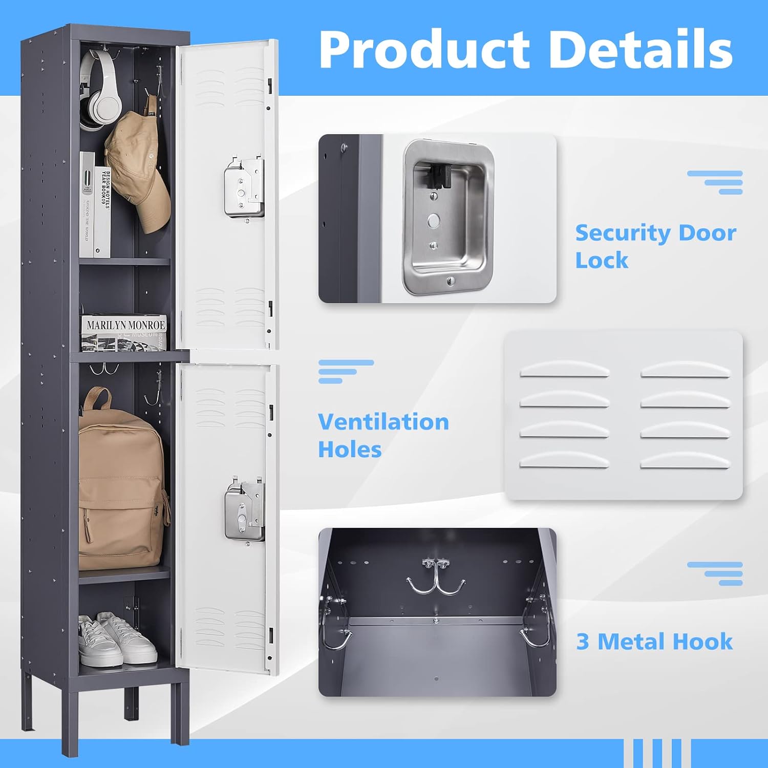 Storage Lockers with Lock Door,Metal Storage Cabinet 4 Tier for Employees, School,Gym, Home,Office(4 Door-Gray)