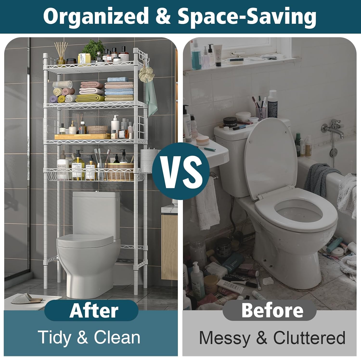 4-Tier Over-the-Toilet Storage Rack, Adjustable Freestanding Bathroom Shelf Organizer with Hooks for Bathroom & Laundry, Black