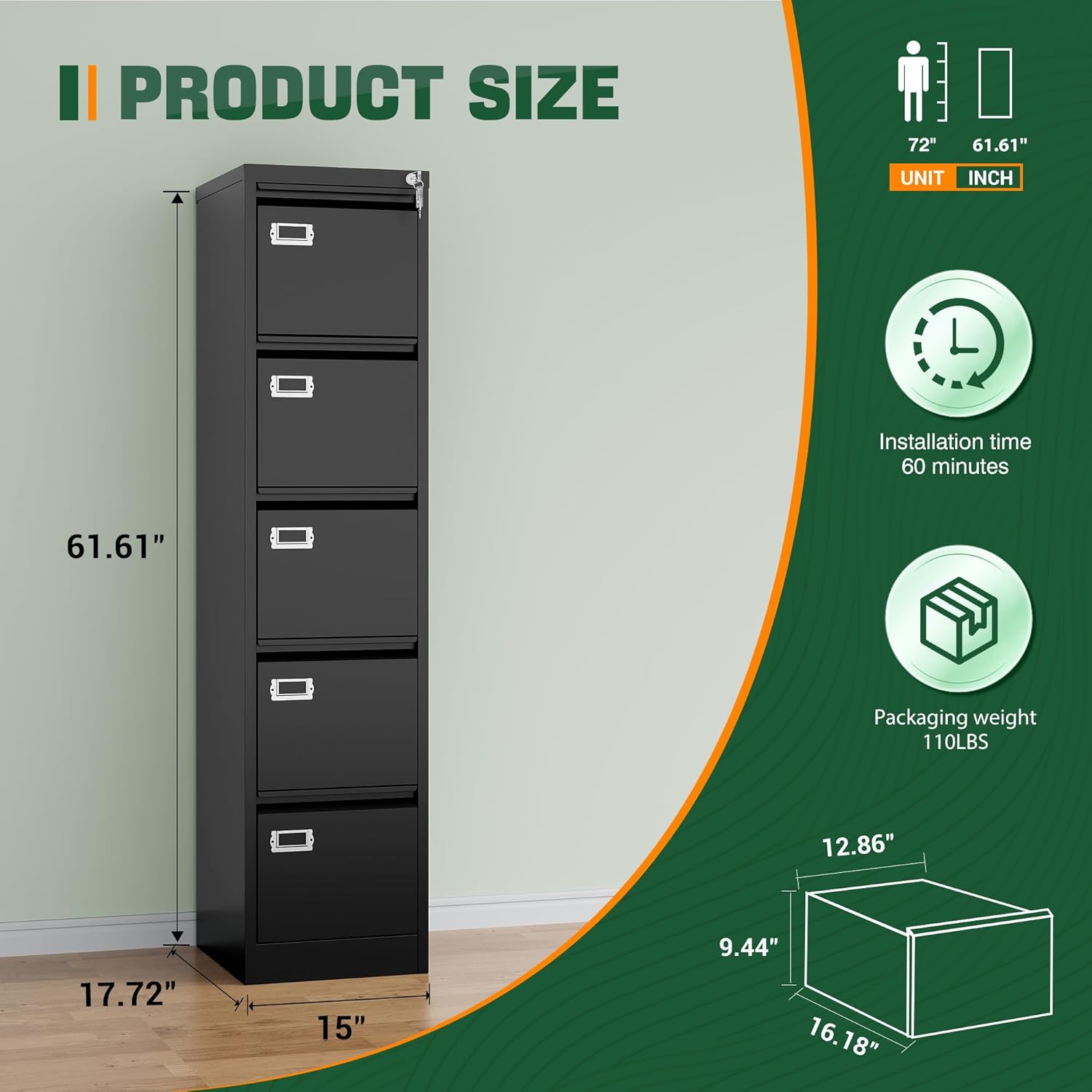 2 Drawer File Cabinet with Lock,Metal Office Small Filing Cabinets for Home Office,Storage Letter,Black-Easy Assemble