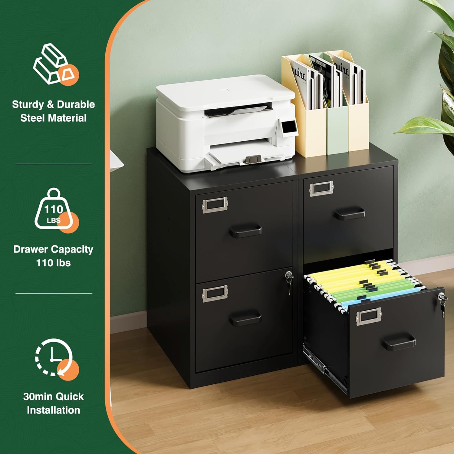 2 Drawer File Cabinet with Lock,Metal Office Small Filing Cabinets for Home Office,Storage Letter,Black-Easy Assemble
