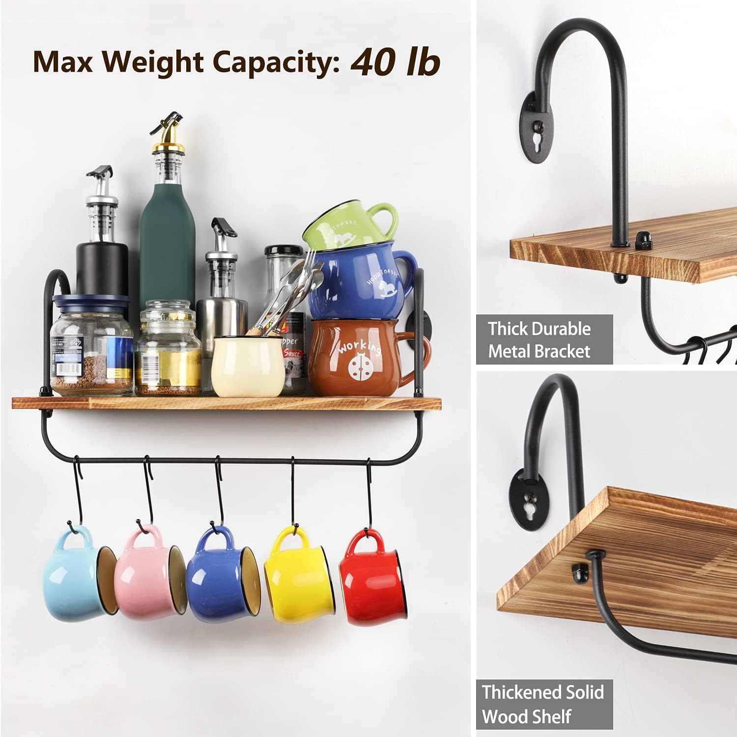 Coffee Mug Cup Holder Wall Mount, Floating Wall Shelves for Coffee Bar Organizer and Decor, Mug Rack Shelf with 10 Hooks for Kitchen Bathroom Coffee Bar Accessories Set of 2 (Carbonized Black)