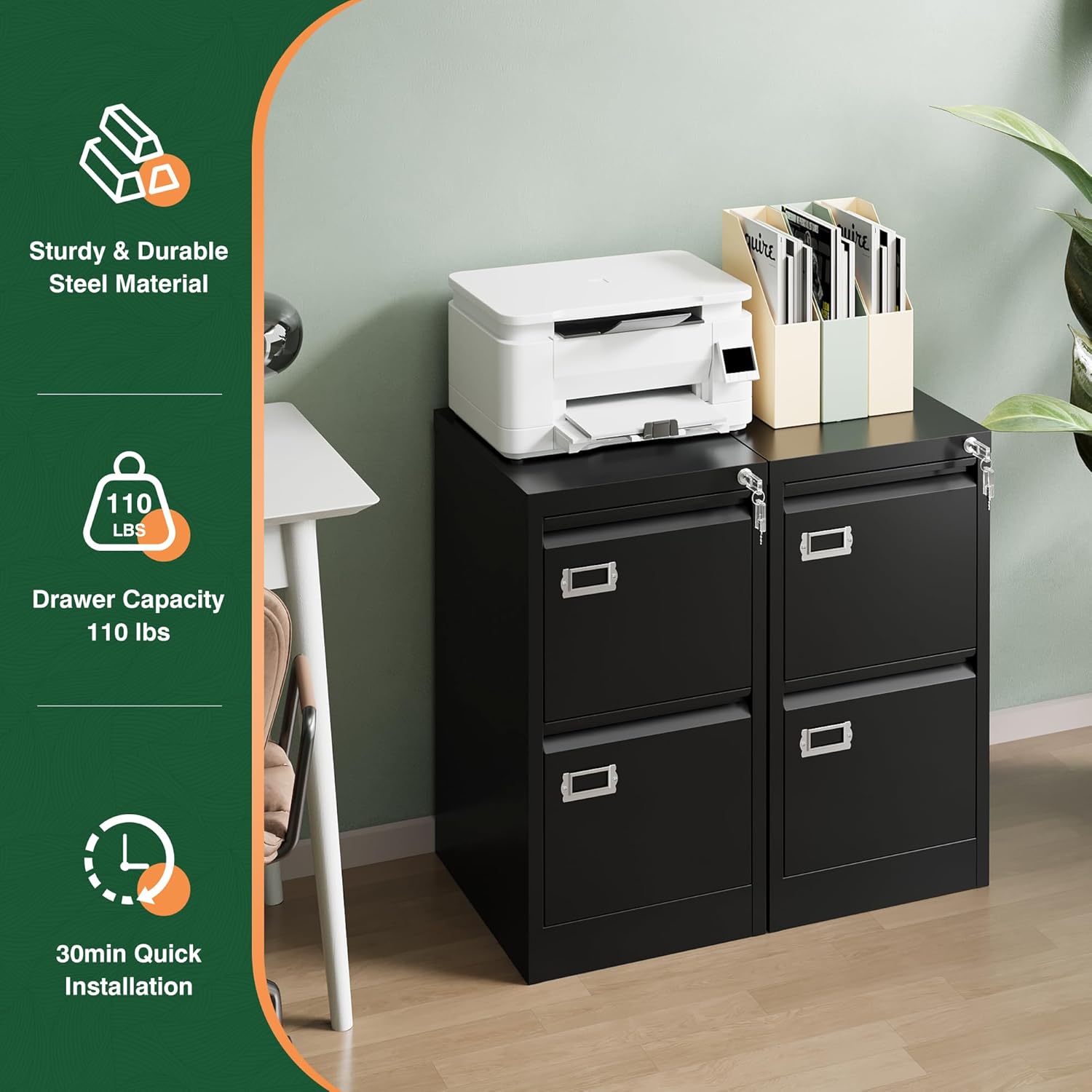 2 Drawer File Cabinet with Lock,Metal Office Small Filing Cabinets for Home Office,Storage Letter,Black-Easy Assemble