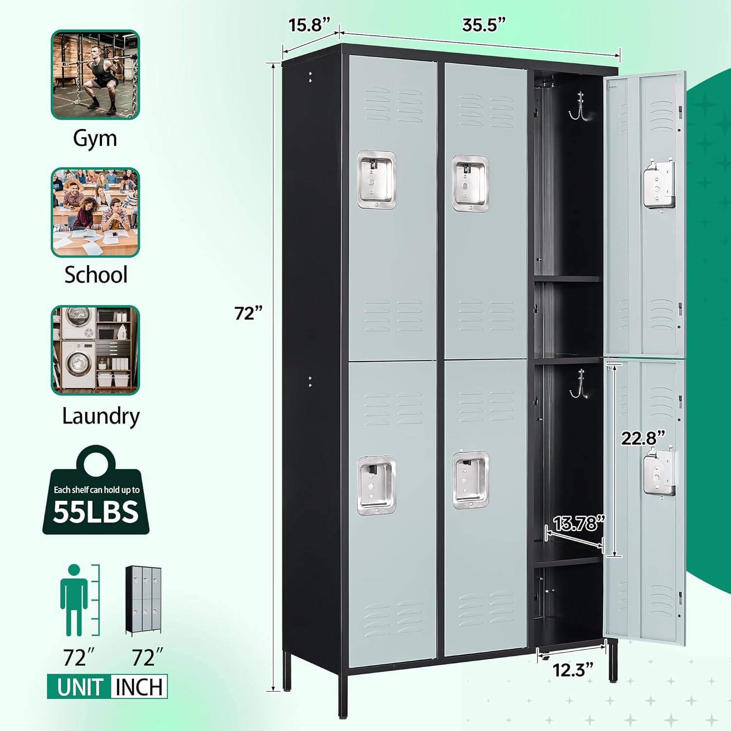 Metal Lockers for Employees-6 Door Storage Locker with Shelves and Lockable Steel Cabinet for School,Gym,Office,Staff (Gray, 6 Door)