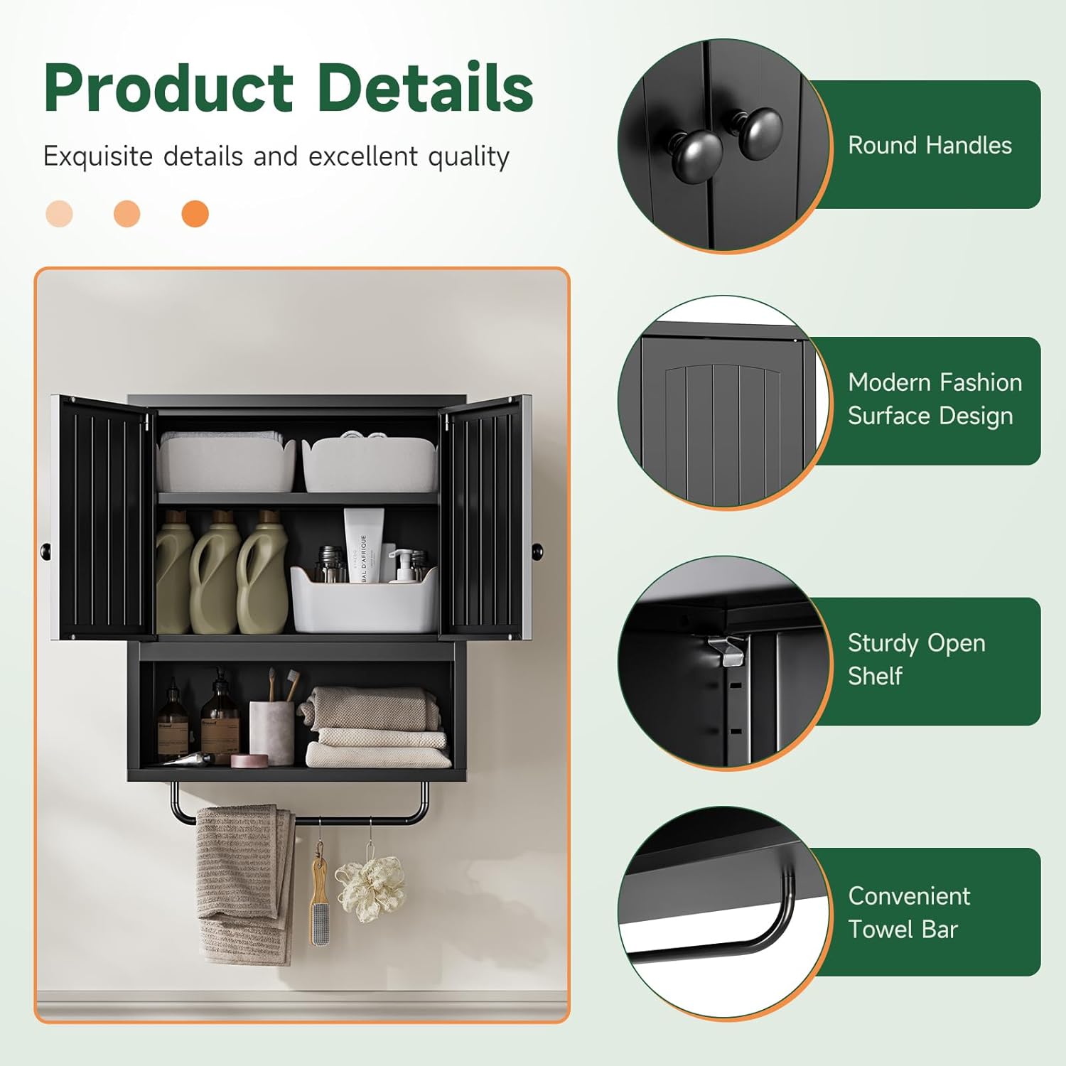 Metal Bathroom Wall Cabinet with 2 Doors,Medicine Cabinet with Towel Rack,Wall Mounted Storage Cabinet (Black)