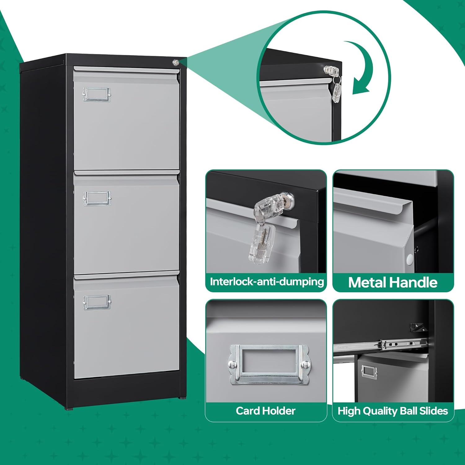 2 Drawer File Cabinet with Lock,Metal Office Small Filing Cabinets for Home Office,Storage Letter,Black-Easy Assemble