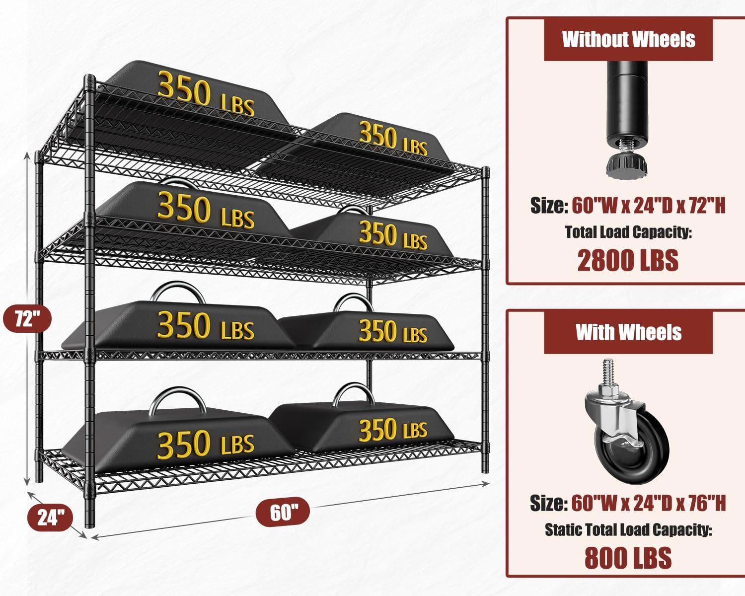 4-Tier Heavy Duty Wire Shelving with Wheels, Adjustable NSF-Certified Rolling Storage Rack for Garage & Pantry, 60"W x 24"D x 76"H