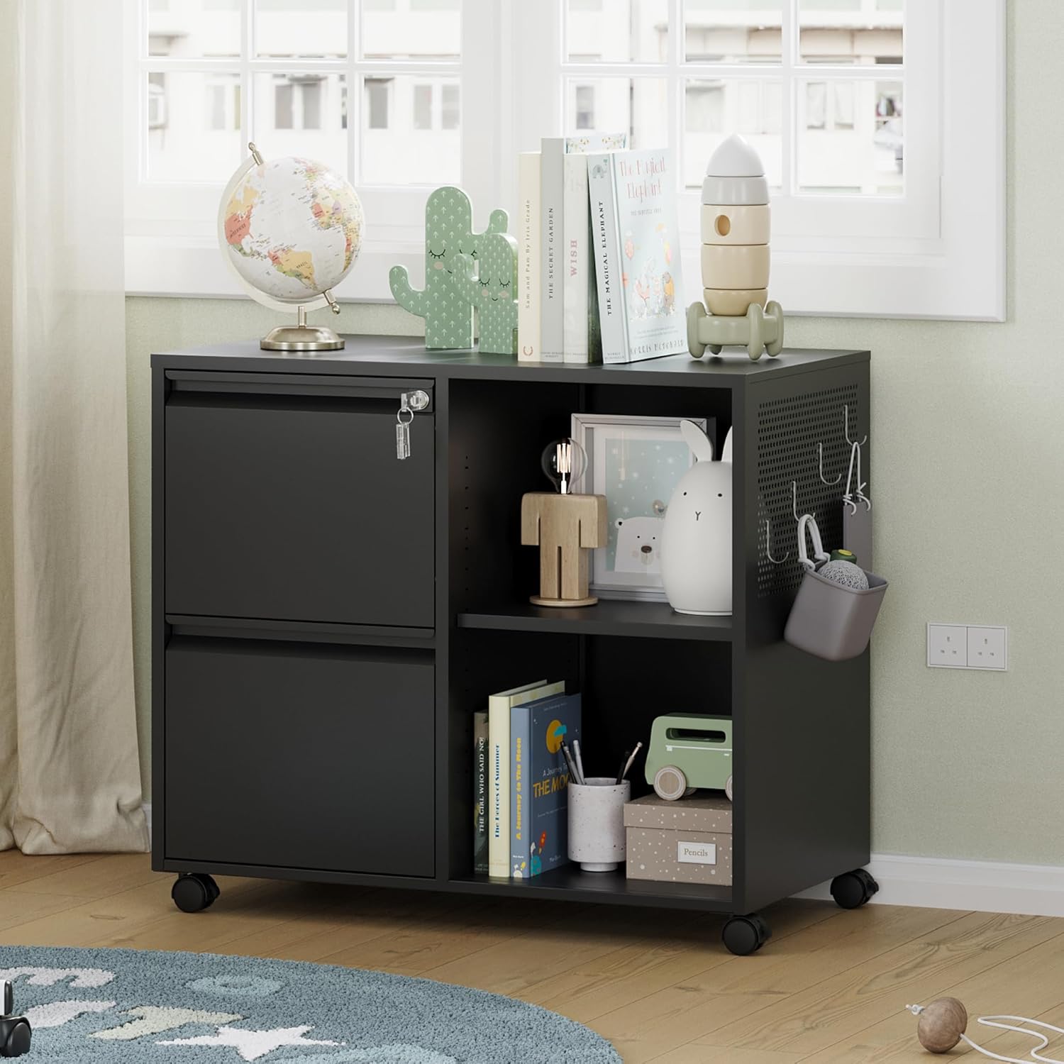 Mobile 3 Drawer File Cabinet with Lock-Metal Lateral Rolling Printer Stand Filing Cabinets for Home Office-Storage A4/F4/Letter (Black)