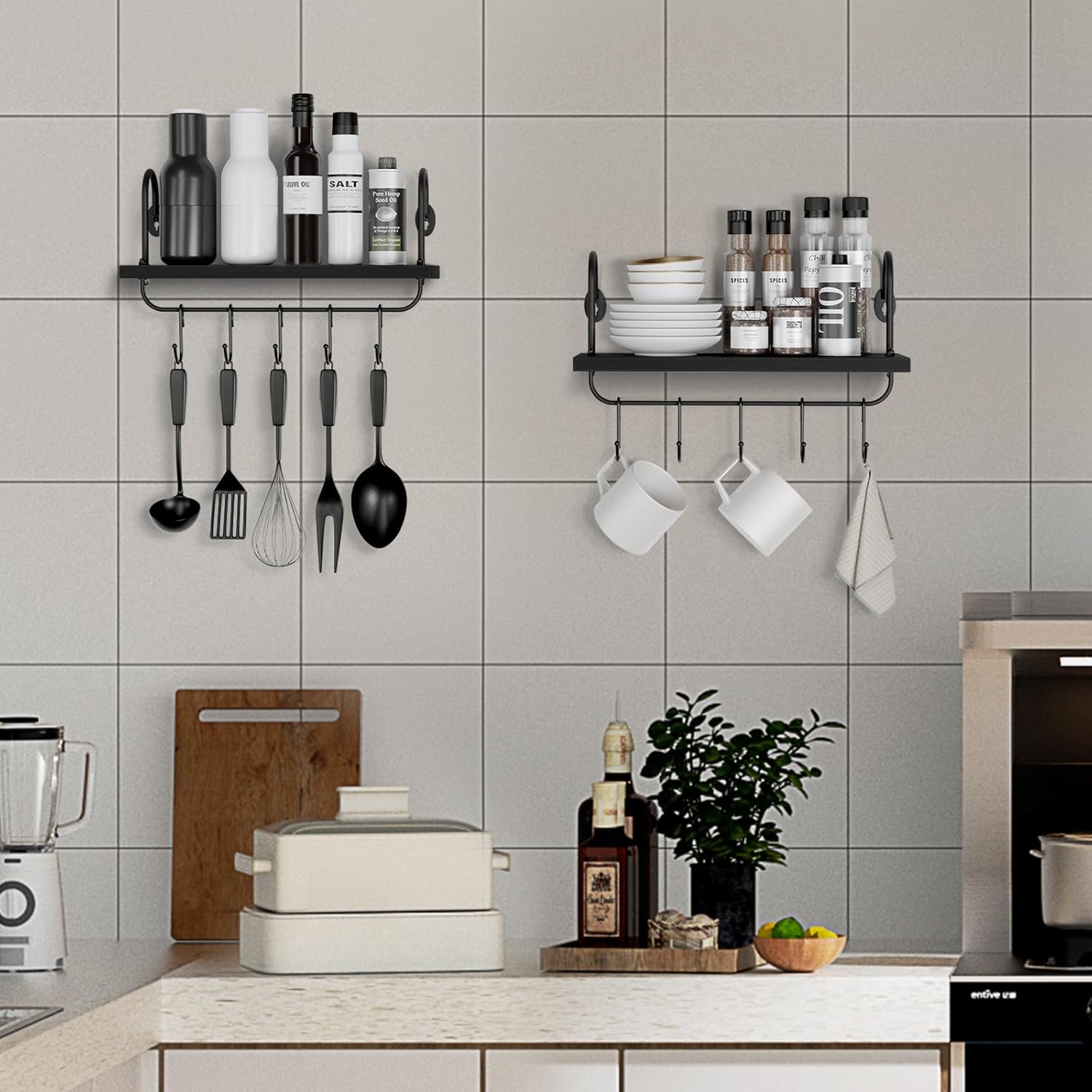 Coffee Mug Cup Holder Wall Mount, Floating Wall Shelves for Coffee Bar Organizer and Decor, Mug Rack Shelf with 10 Hooks for Kitchen Bathroom Coffee Bar Accessories Set of 2 (Carbonized Black)