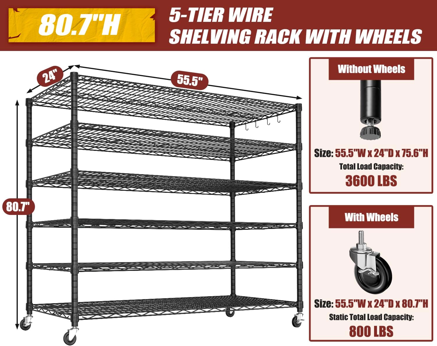 6-Tier Heavy Duty Wire Shelving with Wheels, Adjustable NSF-Certified Steel Storage Rack for Kitchen, Garage & Laundry, 36"W x 16"D x 79"H