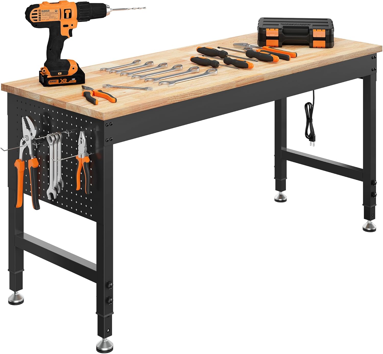 60" Adjustable Heavy Duty Workbench, 2000 lbs Load Rubberwood Work Table with Pegboard & Power Outlets for Garage, Workshop & Office
