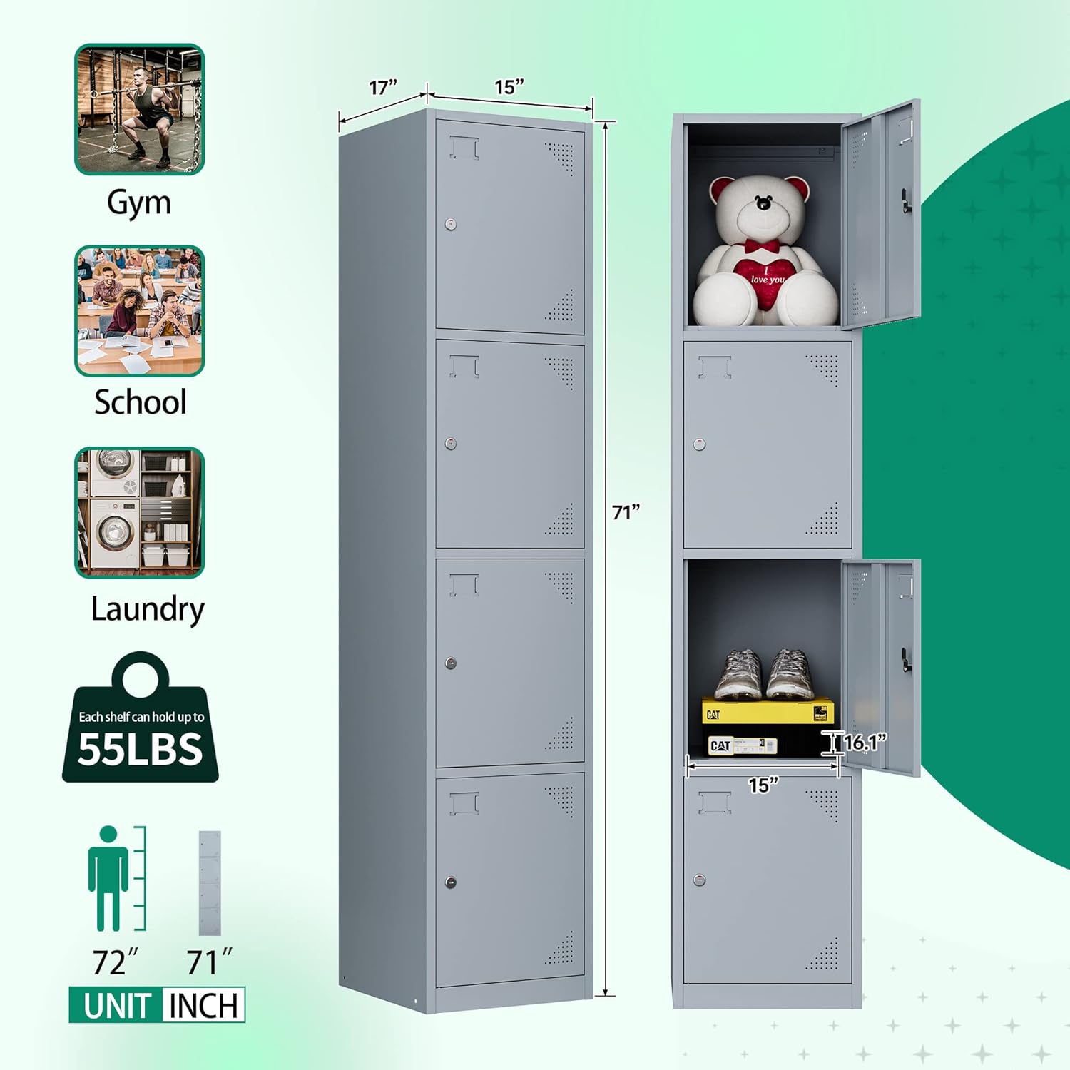 Metal Lockers for Employees,71" Steel Storage Cabinet with 6 Door Lockable for Office Staff,Home,Gym,School (Grey White)