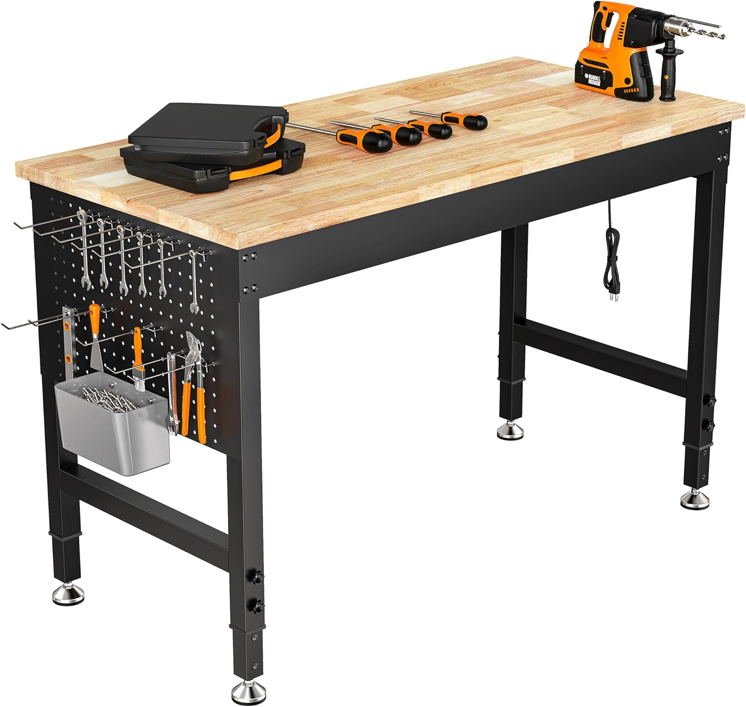 48" Adjustable Heavy Duty Workbench, 2000 lbs Load Rubberwood Work Table with Pegboard & Power Outlets for Garage & Workshop, Pack of 2