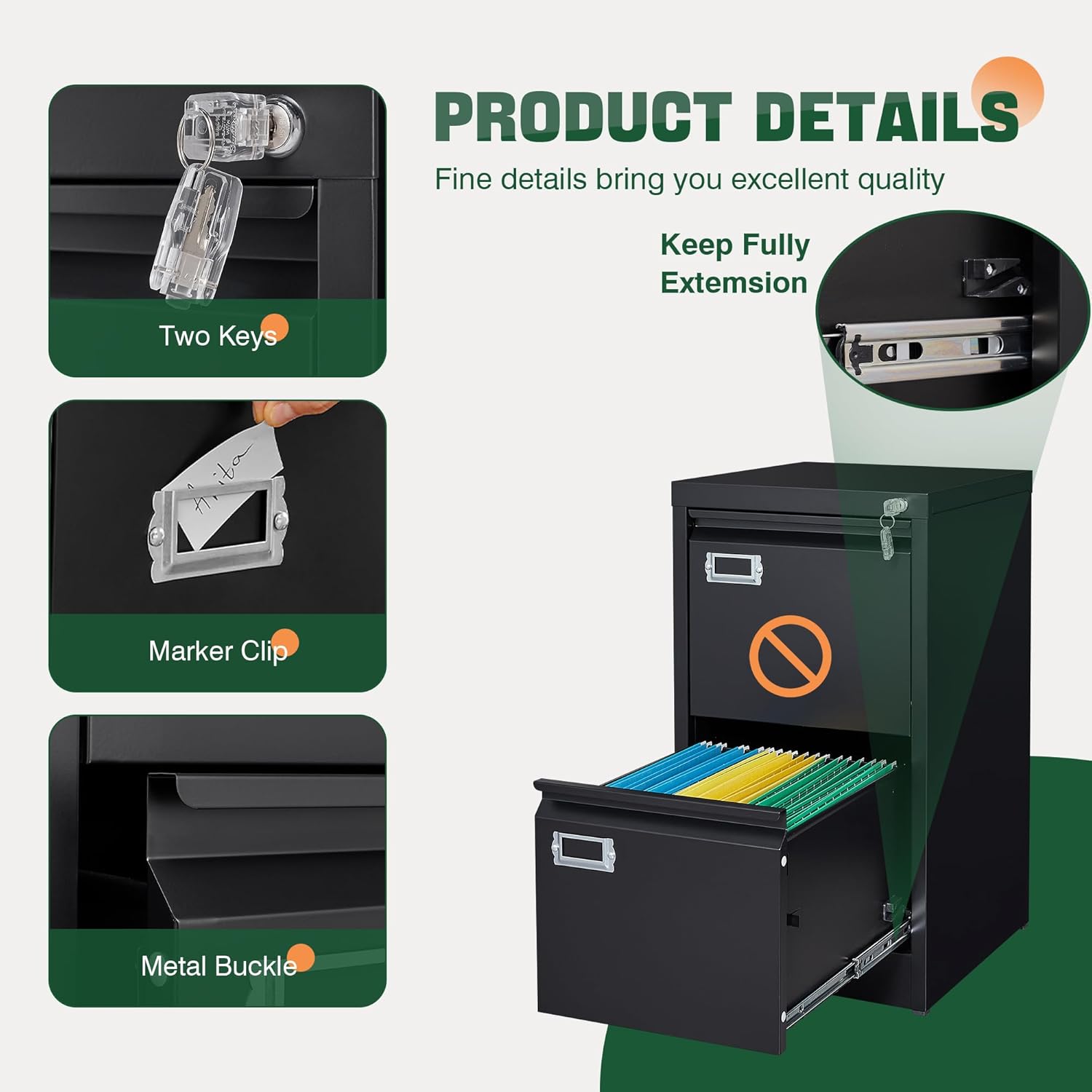 2 Drawer File Cabinet with Lock,Metal Office Small Filing Cabinets for Home Office,Storage Letter,Black-Easy Assemble