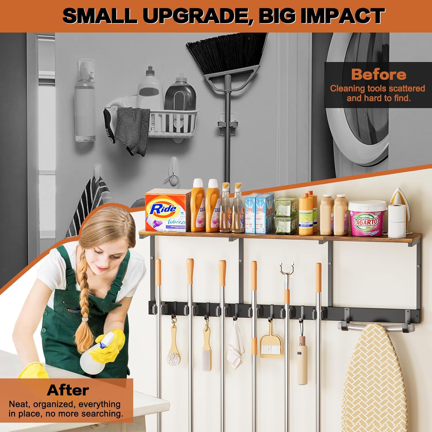 Broom Holder Wall Mount with Cleaning Supplies Organizer, Laundry Room Organization and Storage Shelves with Ironing Board Holder, Mop Hanger Broom Rack with Hooks, Home Improvement Garage Organizer
