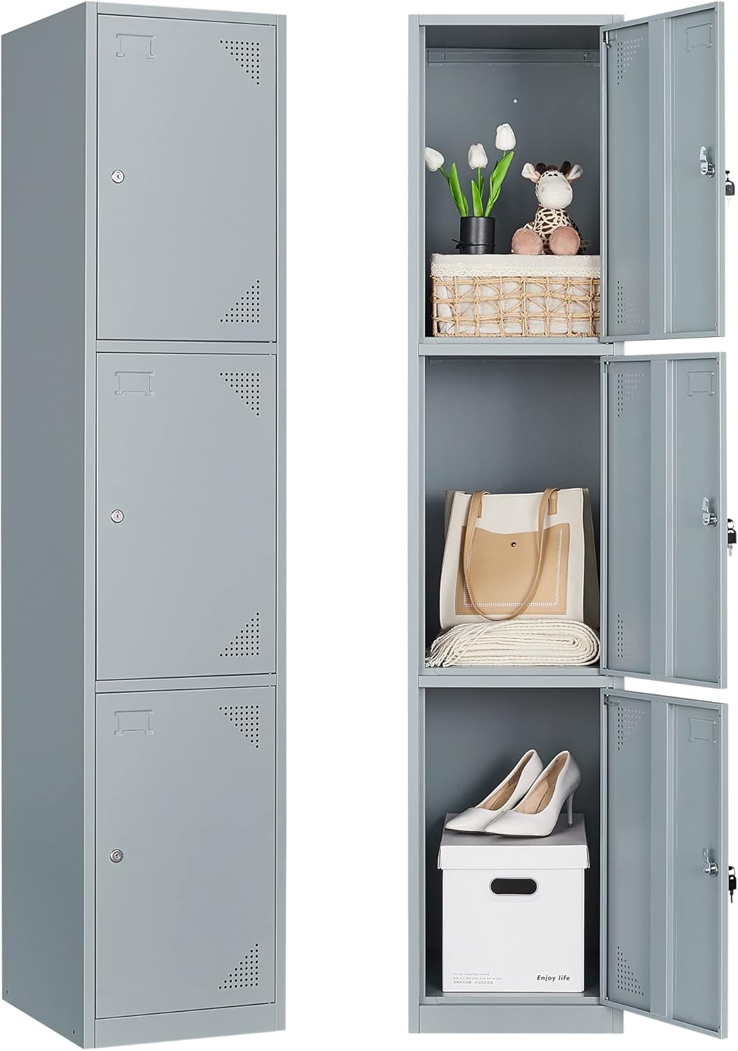 Metal Lockers for Employees,71" Steel Storage Cabinet with 6 Door Lockable for Office Staff,Home,Gym,School (Grey White)