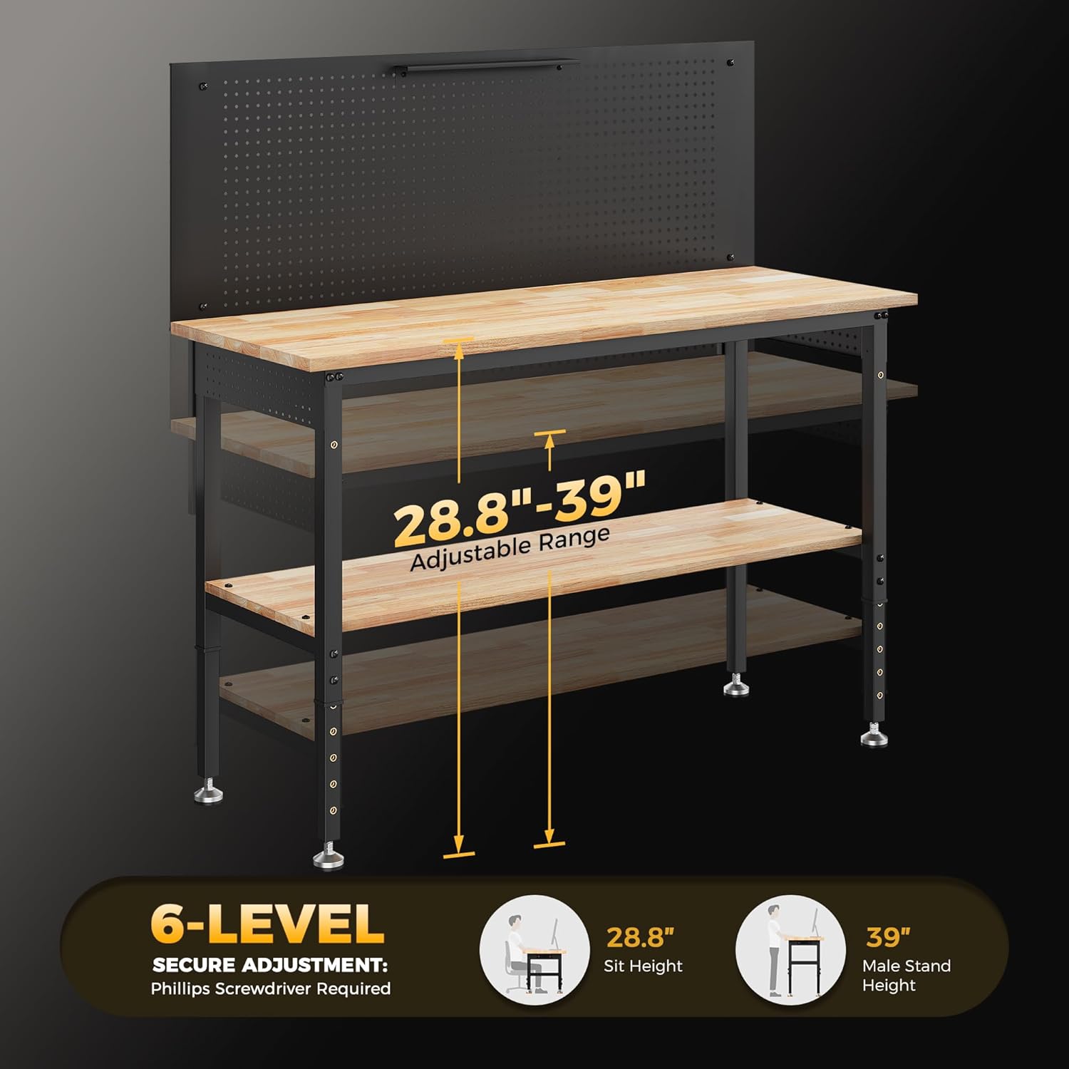Heavy Duty Adjustable Workbench with Storage Shelf, Rubberwood Tabletop with Pegboard, LED Light & Power Strip for Garage & Workshop, 60"W, 2000 lbs Capacity