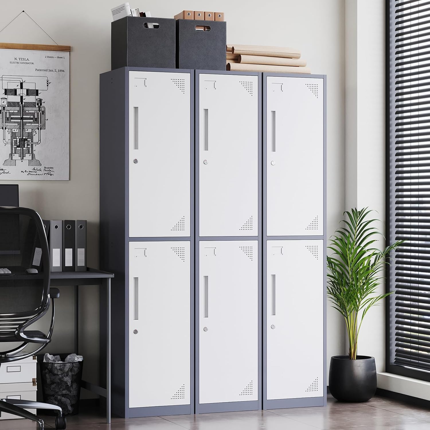 Metal Lockers for Employees,71" Steel Storage Cabinet with 6 Door Lockable for Office Staff,Home,Gym,School (Grey White)