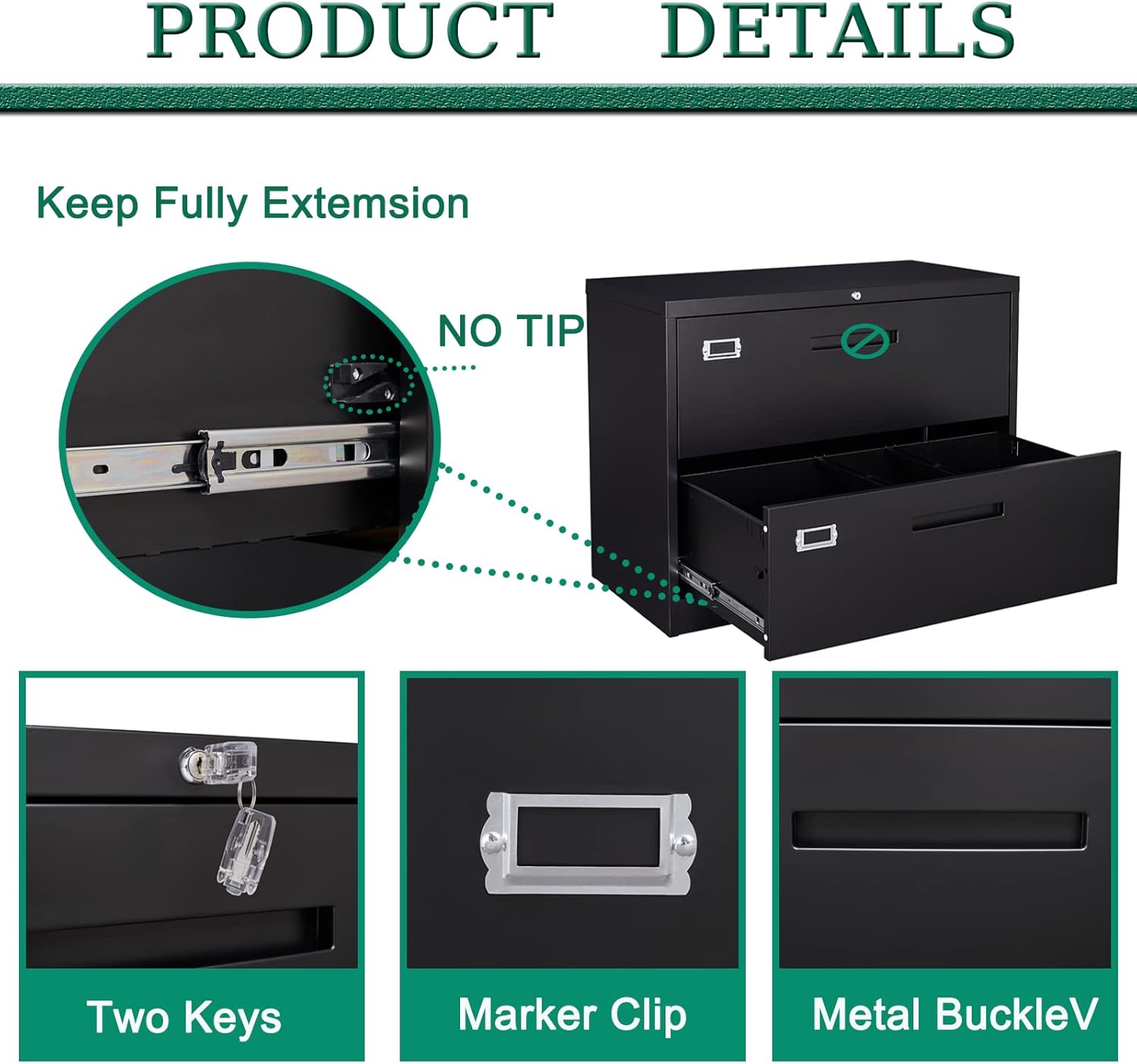 Metal Lateral File Cabinets with Lock,2 Drawer Steel Wide Filing Organization Storage Cabinets,Home Office Furniture for Hanging Files Letter/Legal/F4 Size (Blcak-2 Drawer)