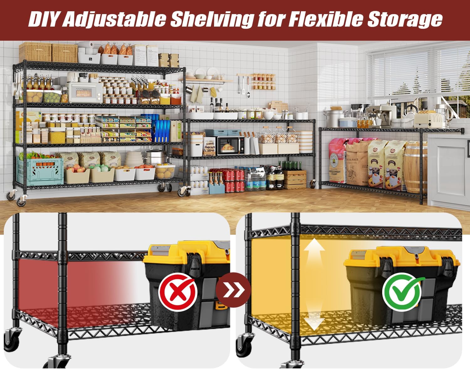 4-Tier Heavy Duty Wire Shelving with Wheels, Adjustable NSF-Certified Rolling Storage Rack for Garage & Pantry, 60"W x 24"D x 76"H