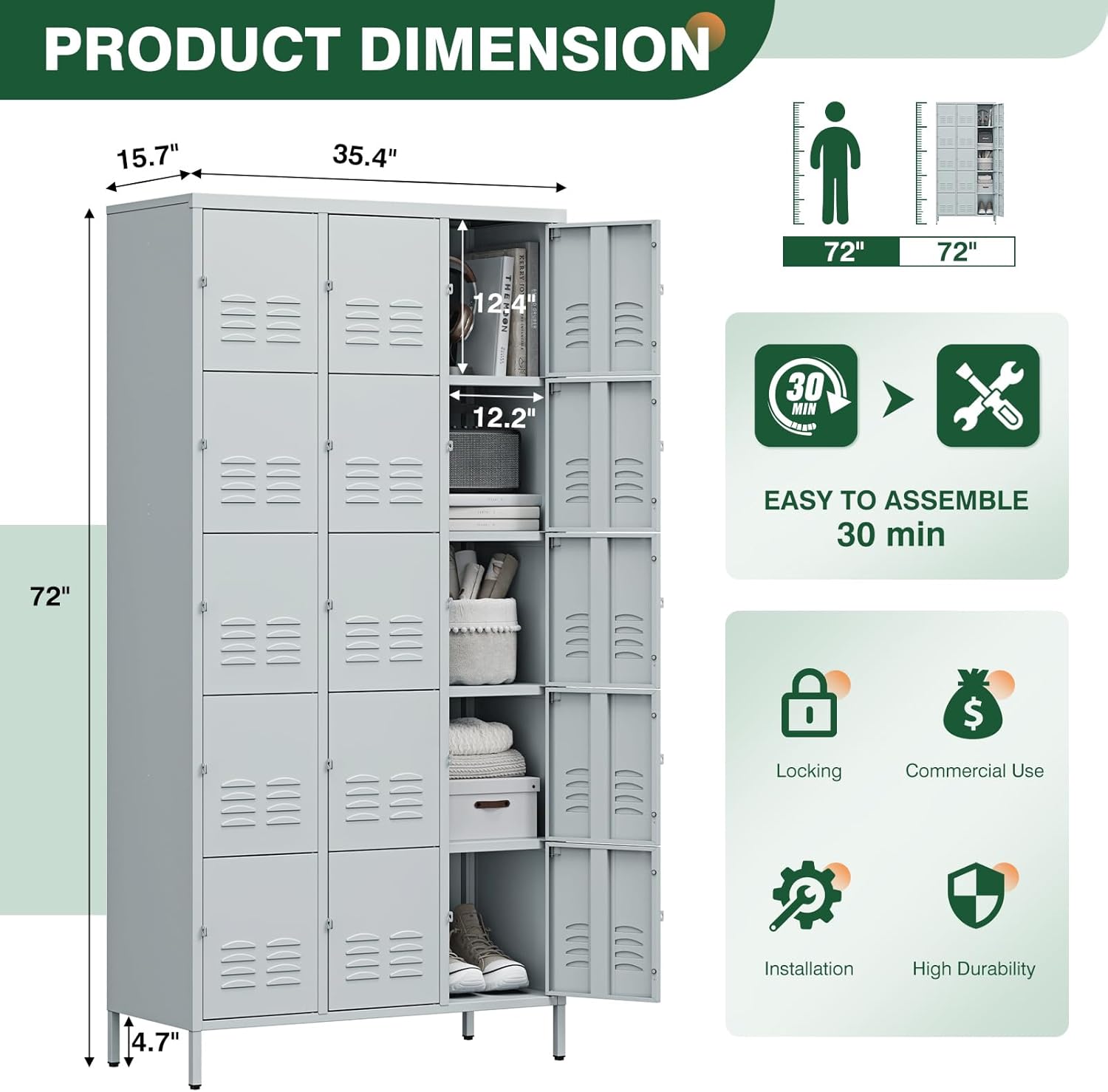 Metal Lockers for Employees-6 Door Storage Locker with Shelves and Lockable Steel Cabinet for School,Gym,Office,Staff (Gray, 6 Door)