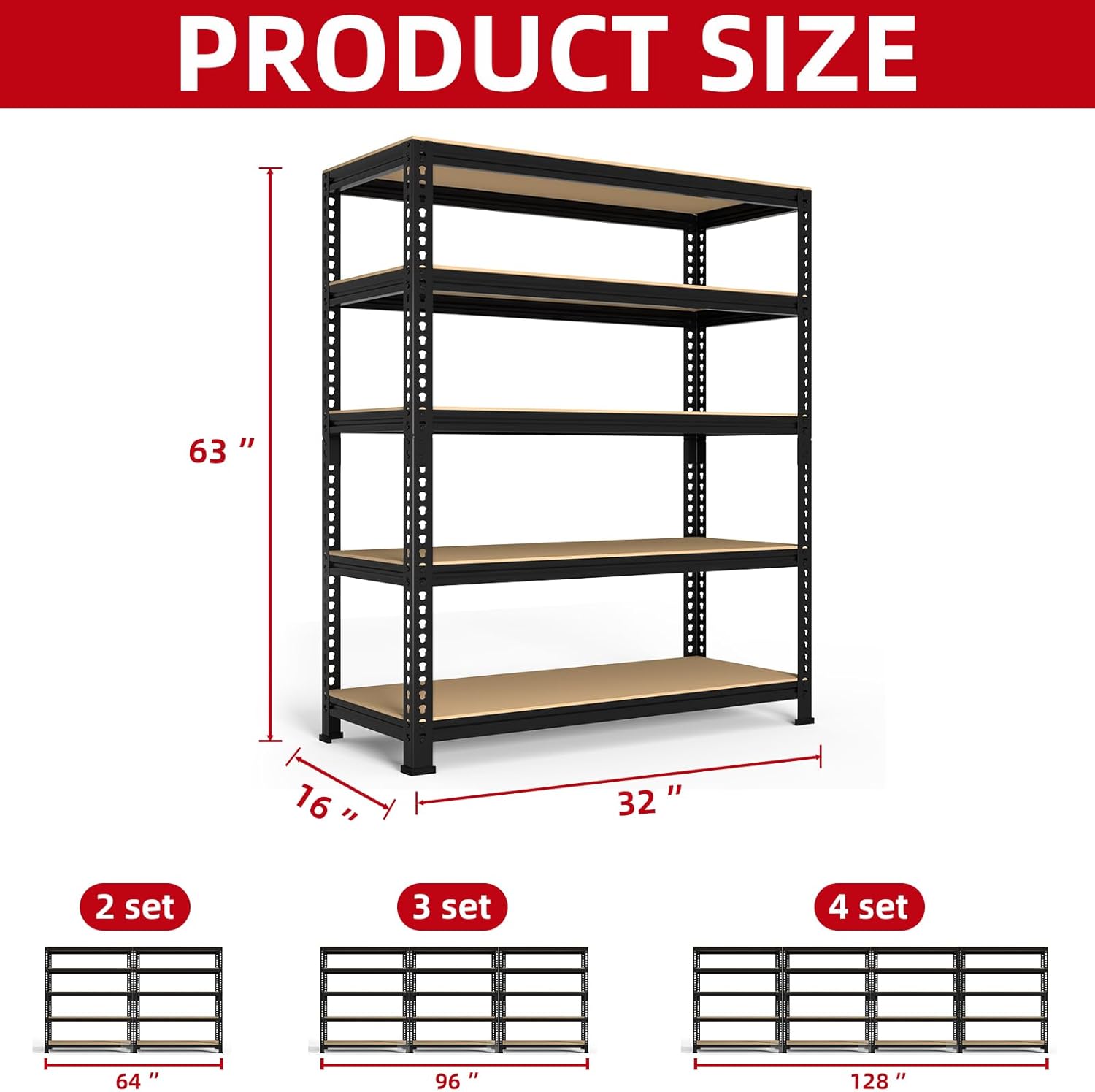 5-Tier Heavy Duty Metal Shelving Unit, Adjustable Garage Storage Rack for Warehouse & Pantry, 31.5"W x 16"D x 63"H, Black