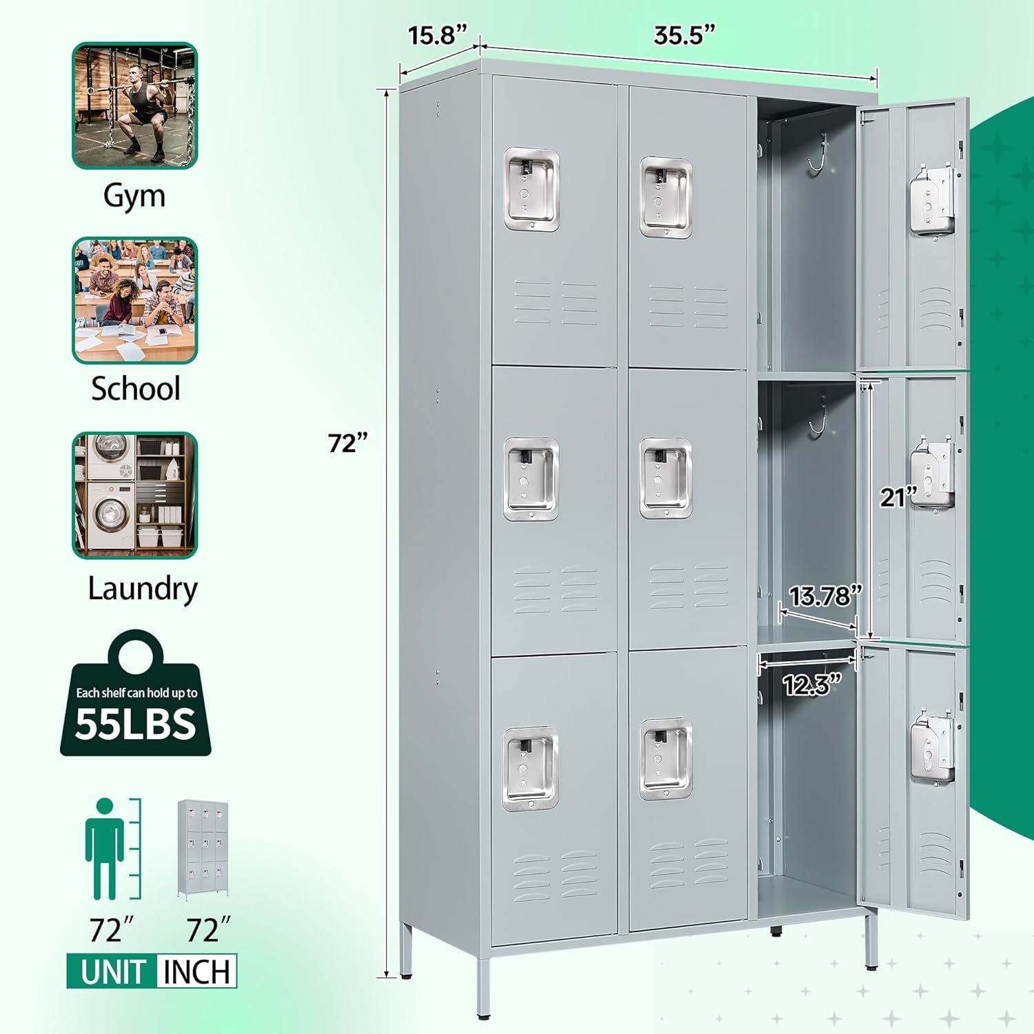 Metal Lockers for Employees-6 Door Storage Locker with Shelves and Lockable Steel Cabinet for School,Gym,Office,Staff (Gray, 6 Door)