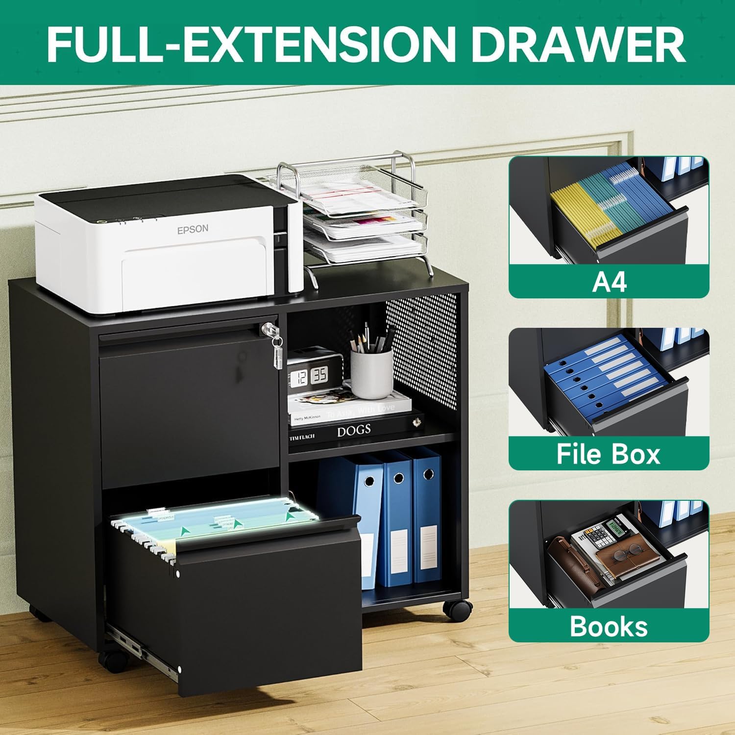 Mobile 3 Drawer File Cabinet with Lock-Metal Lateral Rolling Printer Stand Filing Cabinets for Home Office-Storage A4/F4/Letter (Black)