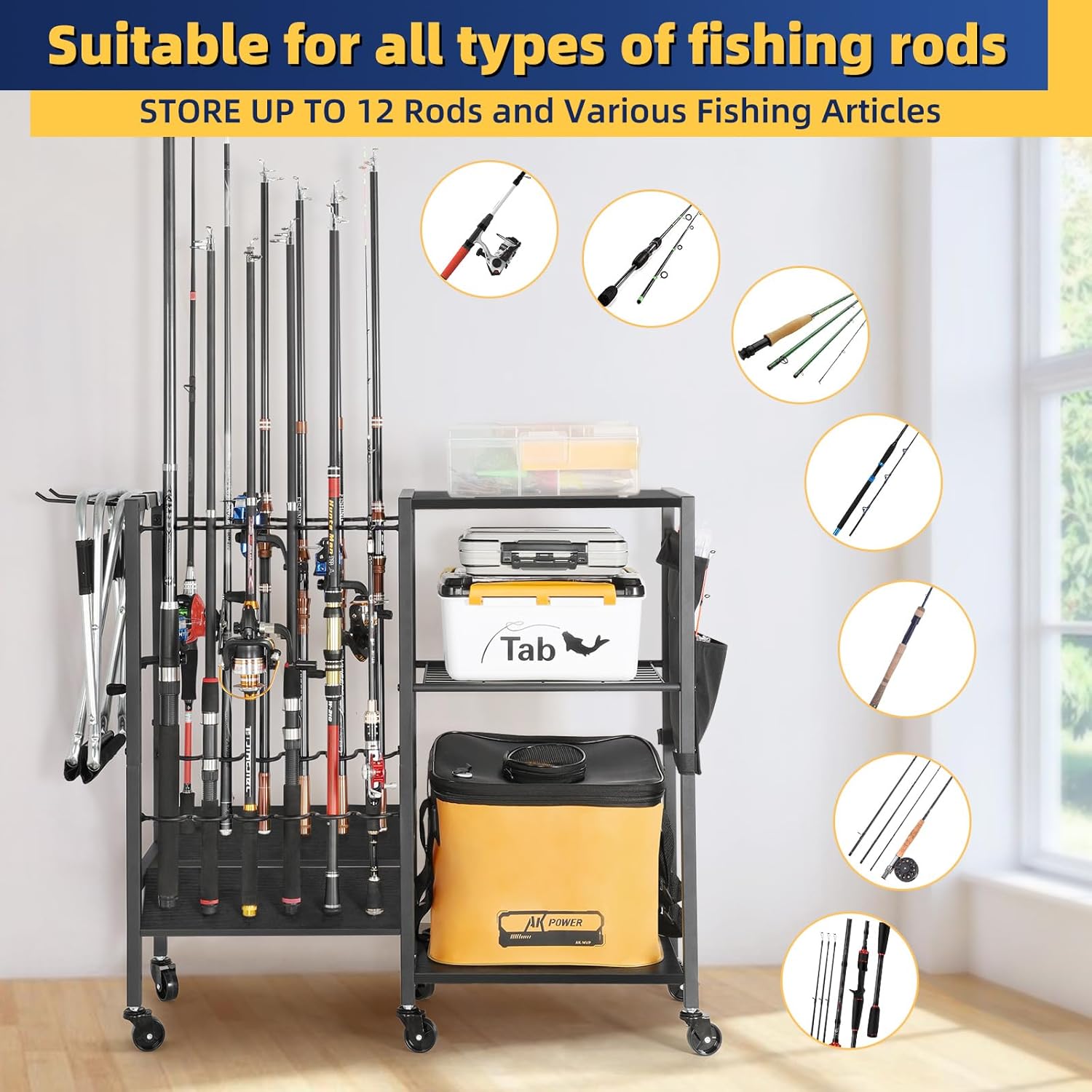 Fishing Rod Holders for Garage, Fishing Pole Holders Rolling Cart with Tackle Storage Organizer for Boat Home Entryway, Equipment Box & Reel Organization, Ideal Gift for Men Dad Anglers