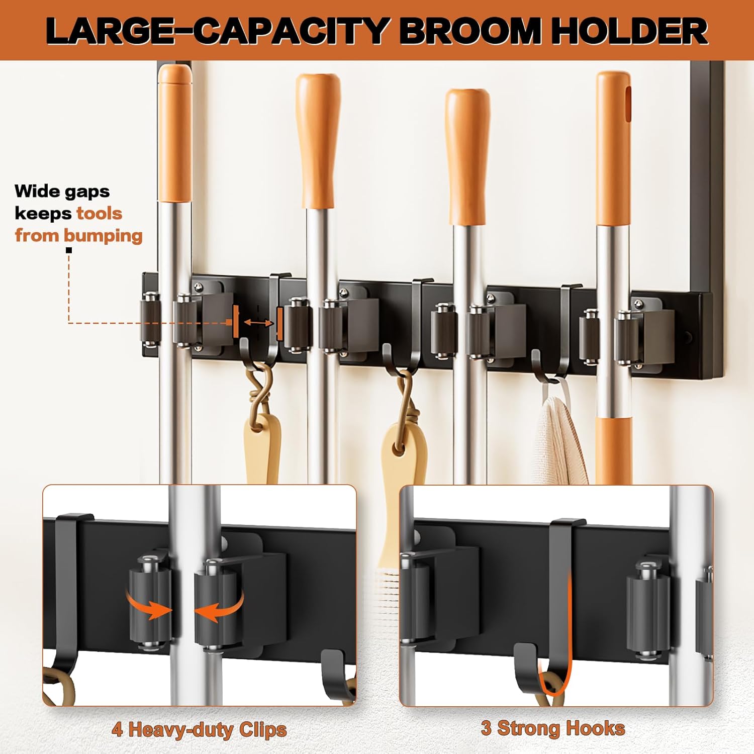 Broom Holder Wall Mount with Cleaning Supplies Organizer, Laundry Room Organization and Storage Shelves with Ironing Board Holder, Mop Hanger Broom Rack with Hooks, Home Improvement Garage Organizer