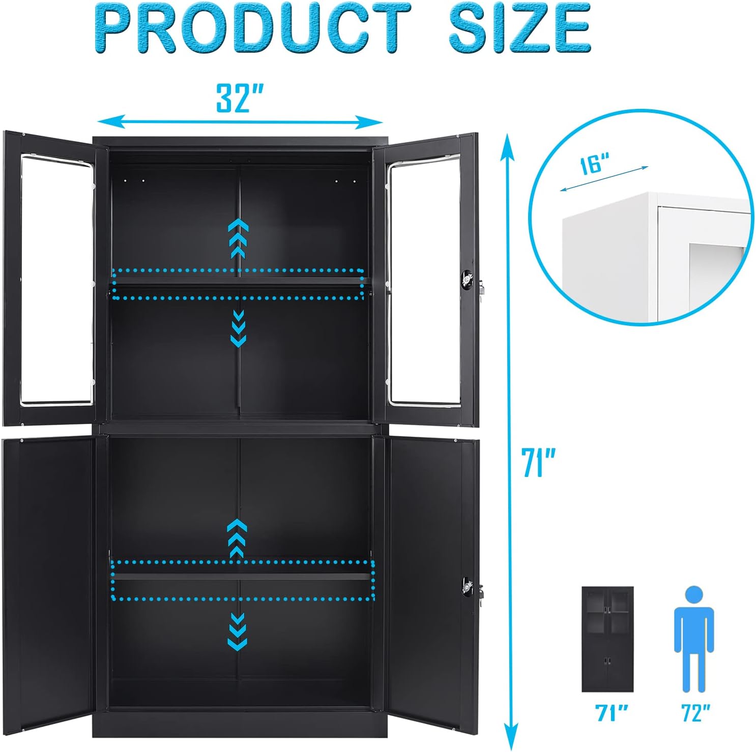 Storage Cabinet with Doors and Shelves,71" Steel Locker Acrylic Glass Door with Lock, for School Home Office