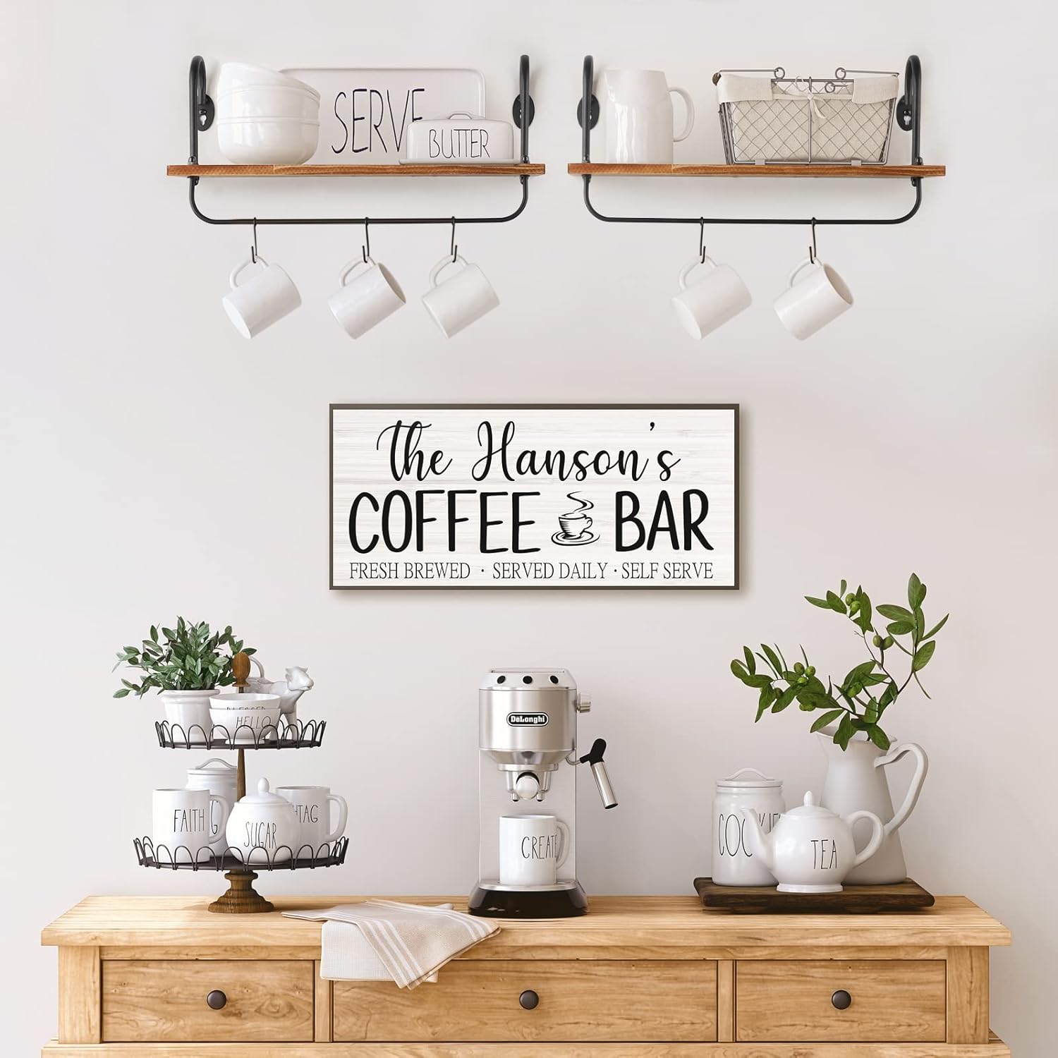 Coffee Mug Cup Holder Wall Mount, Floating Wall Shelves for Coffee Bar Organizer and Decor, Mug Rack Shelf with 10 Hooks for Kitchen Bathroom Coffee Bar Accessories Set of 2 (Carbonized Black)