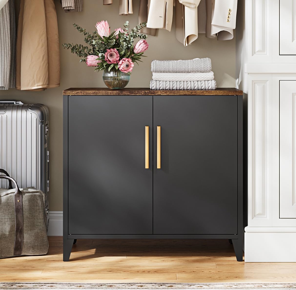 Metal Storage Cabinet with 2 Doors and Shelves 16" Dx 32" Wx30 H,Small Buffet Sideboard Short Cabinet for Kitchen Dining,Office Credenza Locker Modern Coffee Bar,Entryway Bathroom(Black)