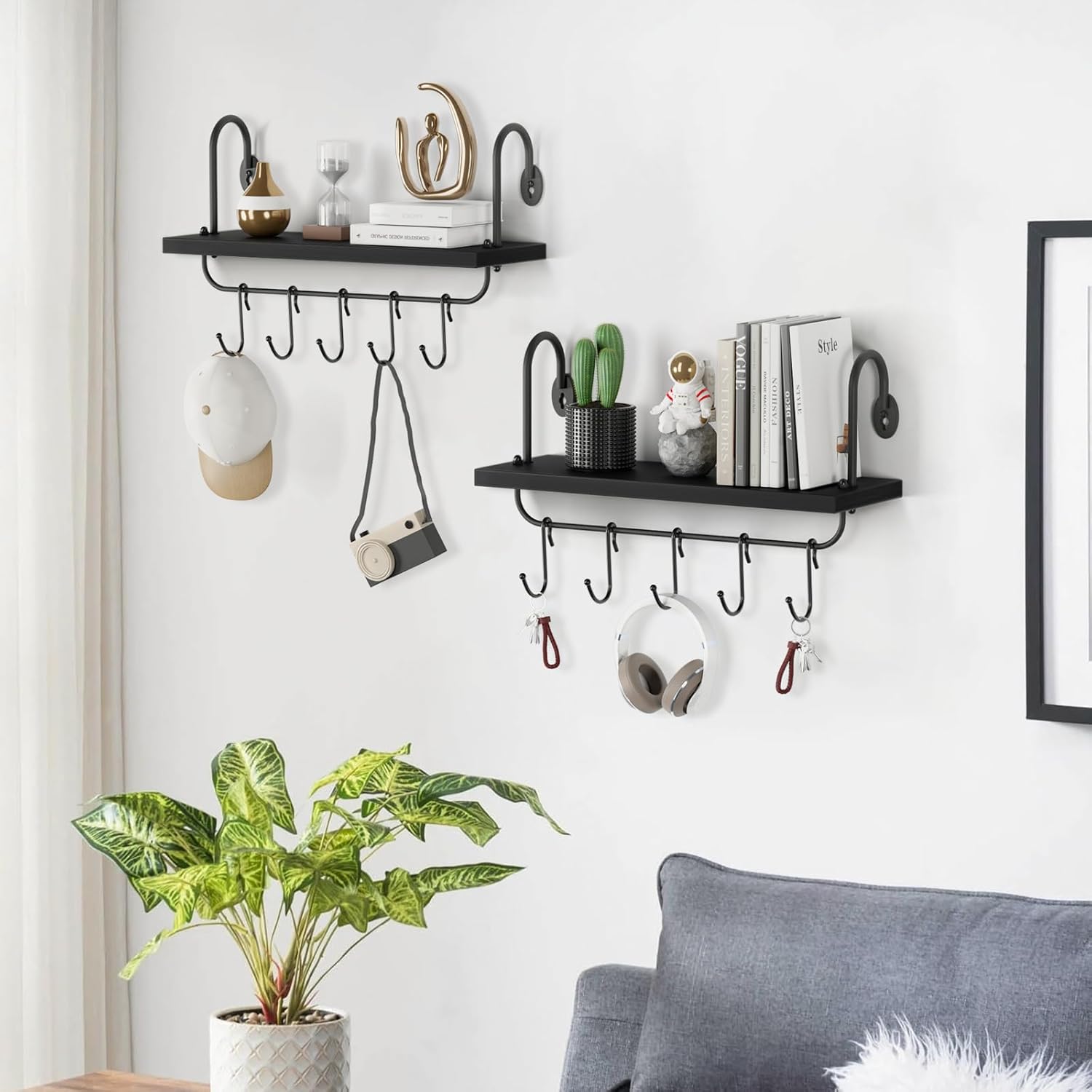 Coffee Mug Cup Holder Wall Mount, Floating Wall Shelves for Coffee Bar Organizer and Decor, Mug Rack Shelf with 10 Hooks for Kitchen Bathroom Coffee Bar Accessories Set of 2 (Carbonized Black)