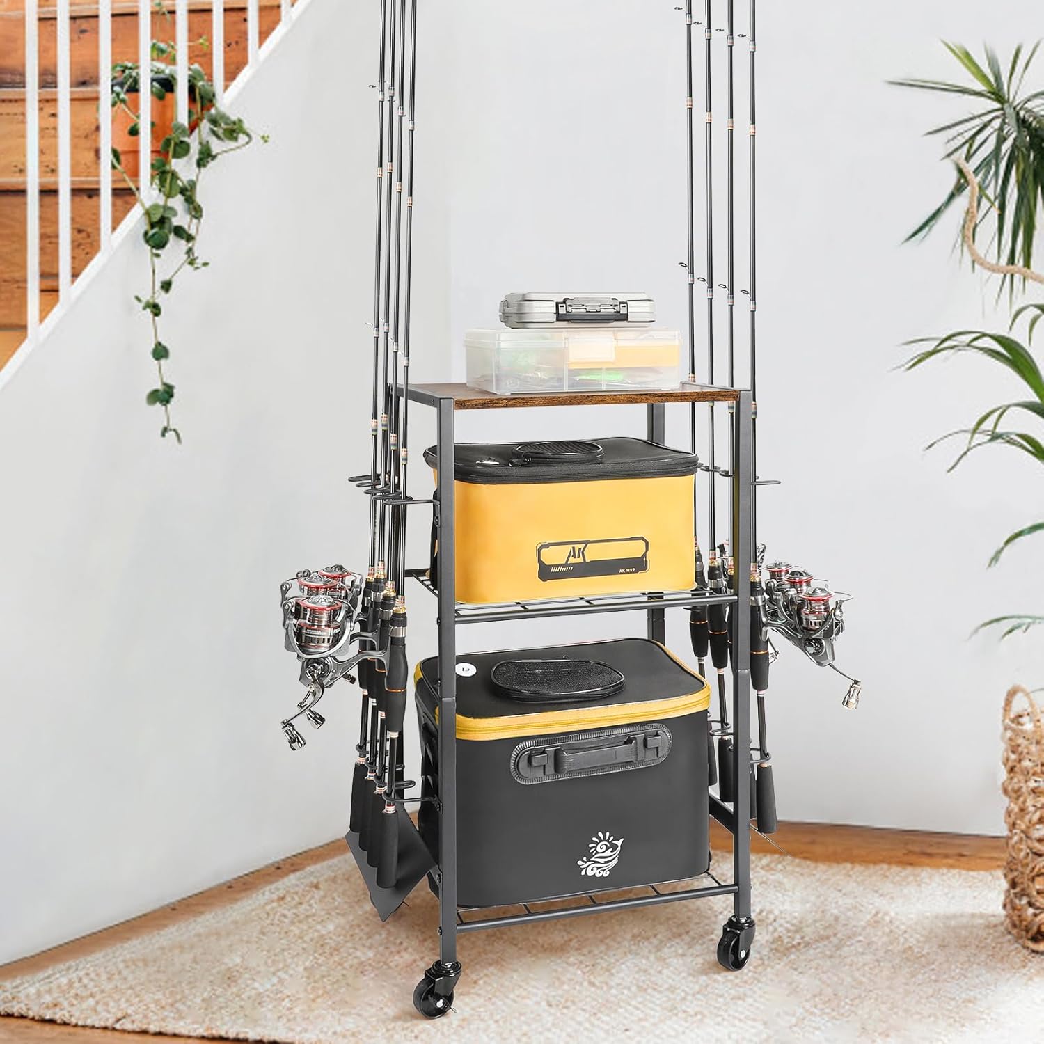 Fishing Rod Holders for Garage, Fishing Pole Holders Rolling Cart with Tackle Storage Organizer for Boat Home Entryway, Equipment Box & Reel Organization, Ideal Gift for Men Dad Anglers