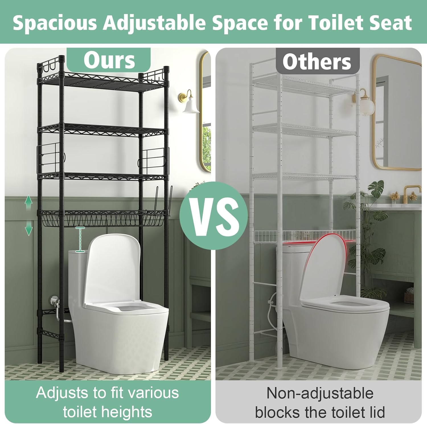 4-Tier Over-the-Toilet Storage Rack, Adjustable Freestanding Bathroom Shelf Organizer with Hooks for Bathroom & Laundry, Black