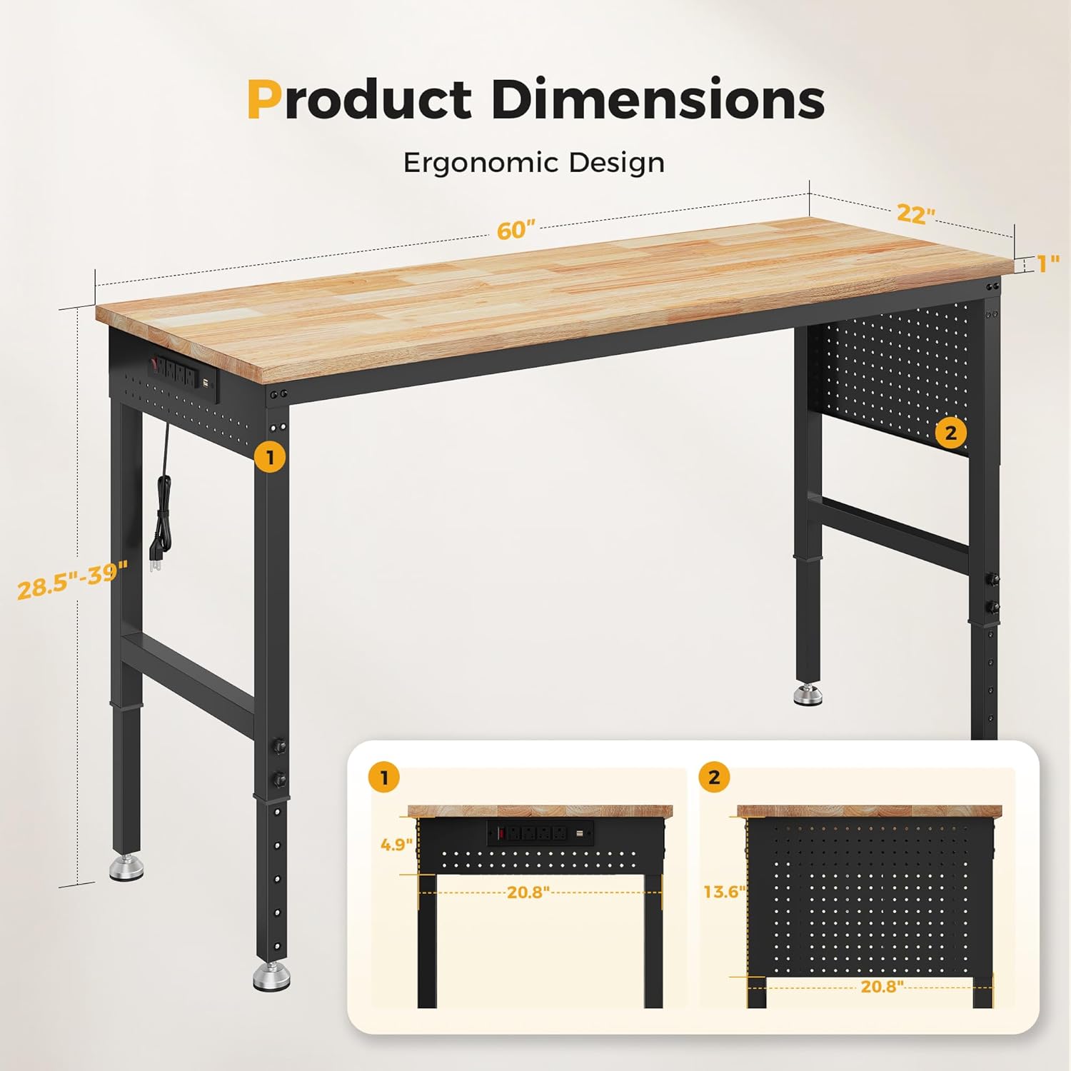 60" Adjustable Heavy Duty Workbench, 2000 lbs Load Rubberwood Work Table with Pegboard & Power Outlets for Garage, Workshop & Office