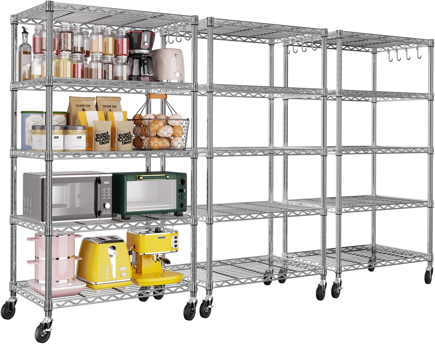5-Tier Heavy Duty Wire Shelving with Wheels, Adjustable NSF-Certified Rolling Storage Rack for Kitchen, Garage & Laundry, 36"W x 14"D x 74"H