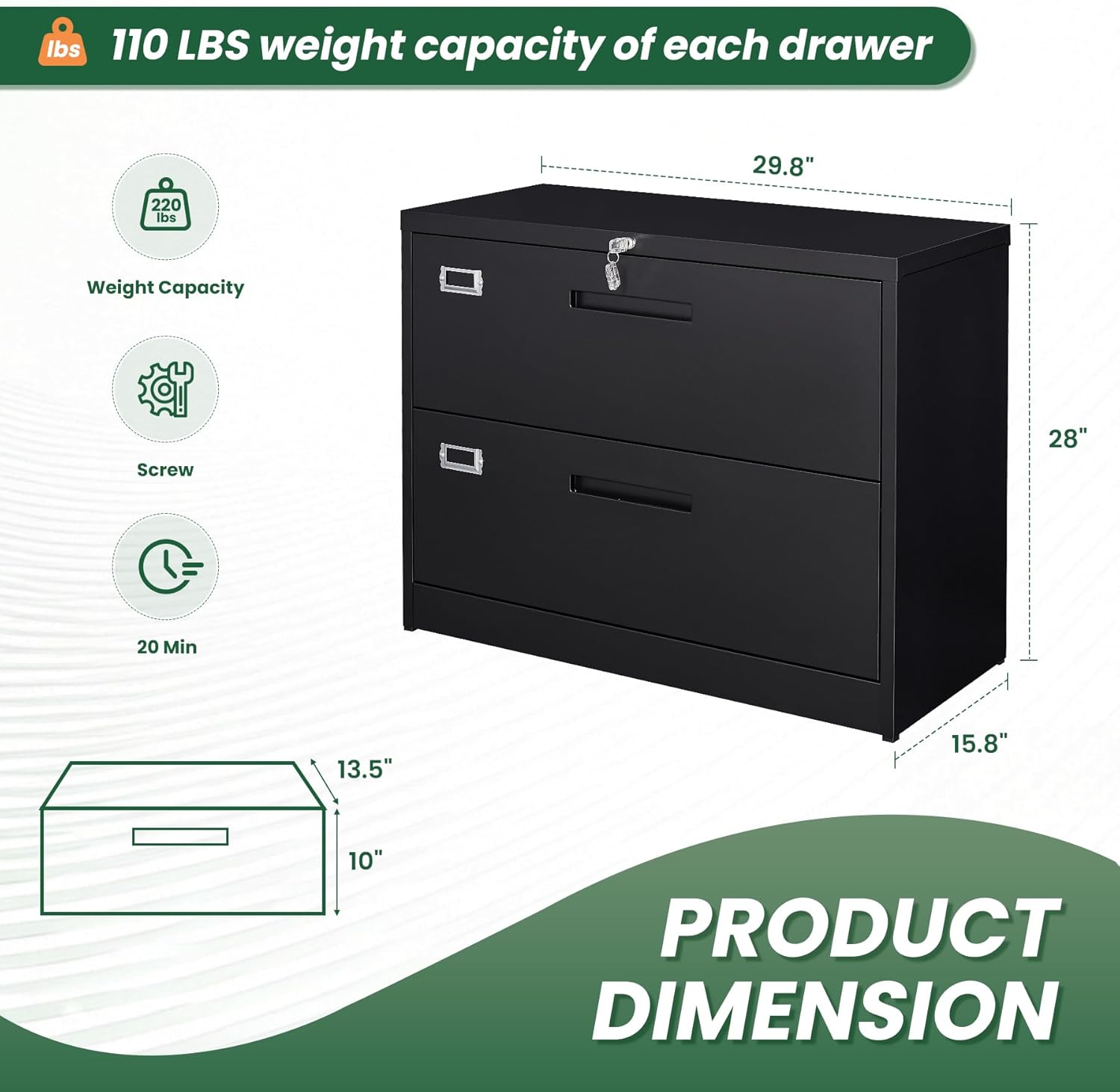 Metal Lateral File Cabinets with Lock,2 Drawer Steel Wide Filing Organization Storage Cabinets,Home Office Furniture for Hanging Files Letter/Legal/F4 Size (Blcak-2 Drawer)