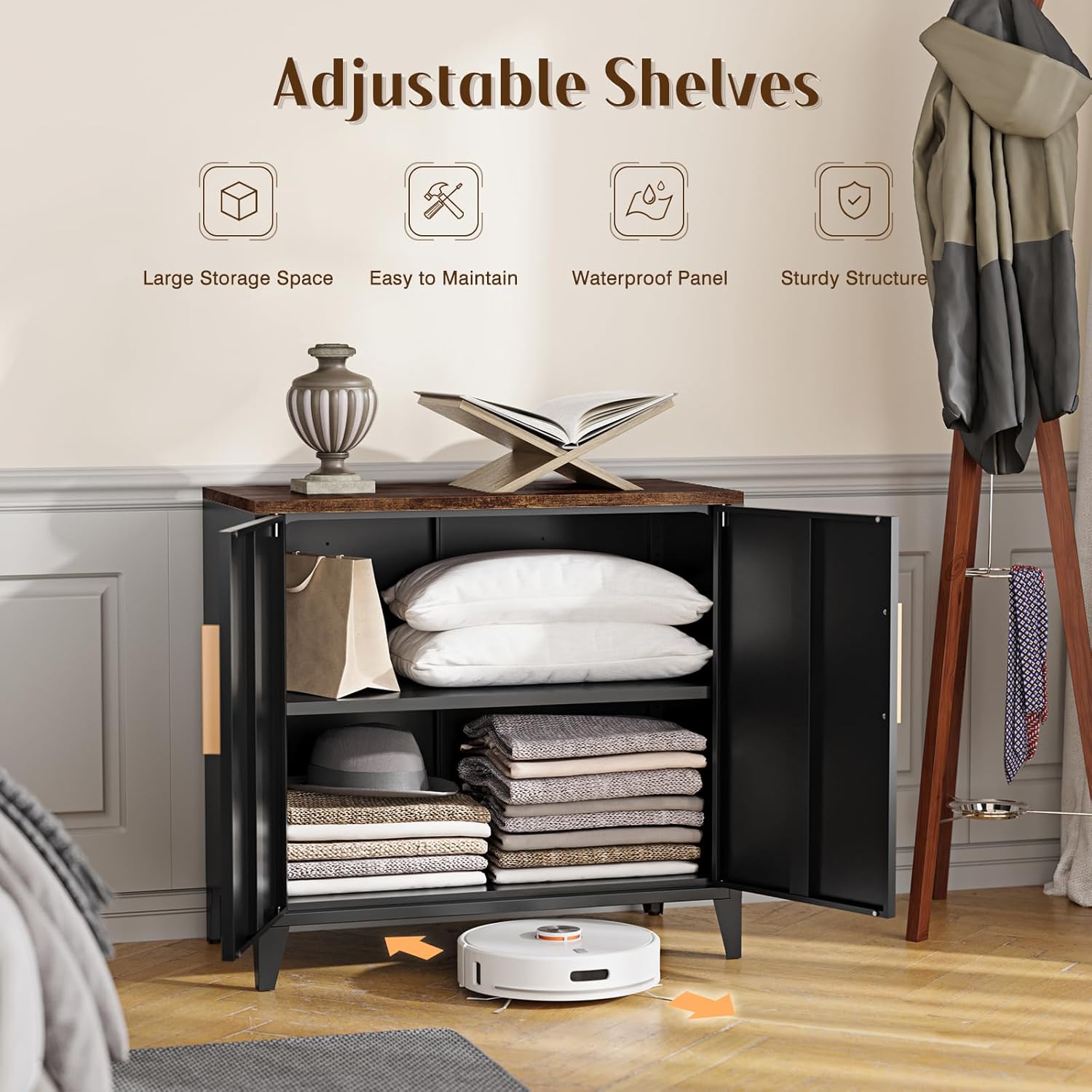 Metal Storage Cabinet with 2 Doors and Shelves 16" Dx 32" Wx30 H,Small Buffet Sideboard Short Cabinet for Kitchen Dining,Office Credenza Locker Modern Coffee Bar,Entryway Bathroom(Black)