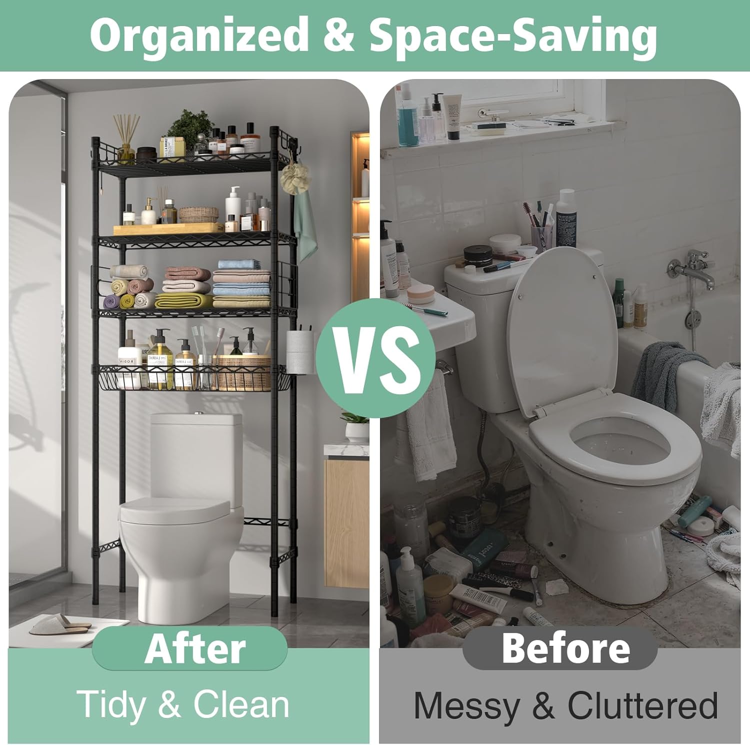 4-Tier Over-the-Toilet Storage Rack, Adjustable Freestanding Bathroom Shelf Organizer with Hooks for Bathroom & Laundry, Black