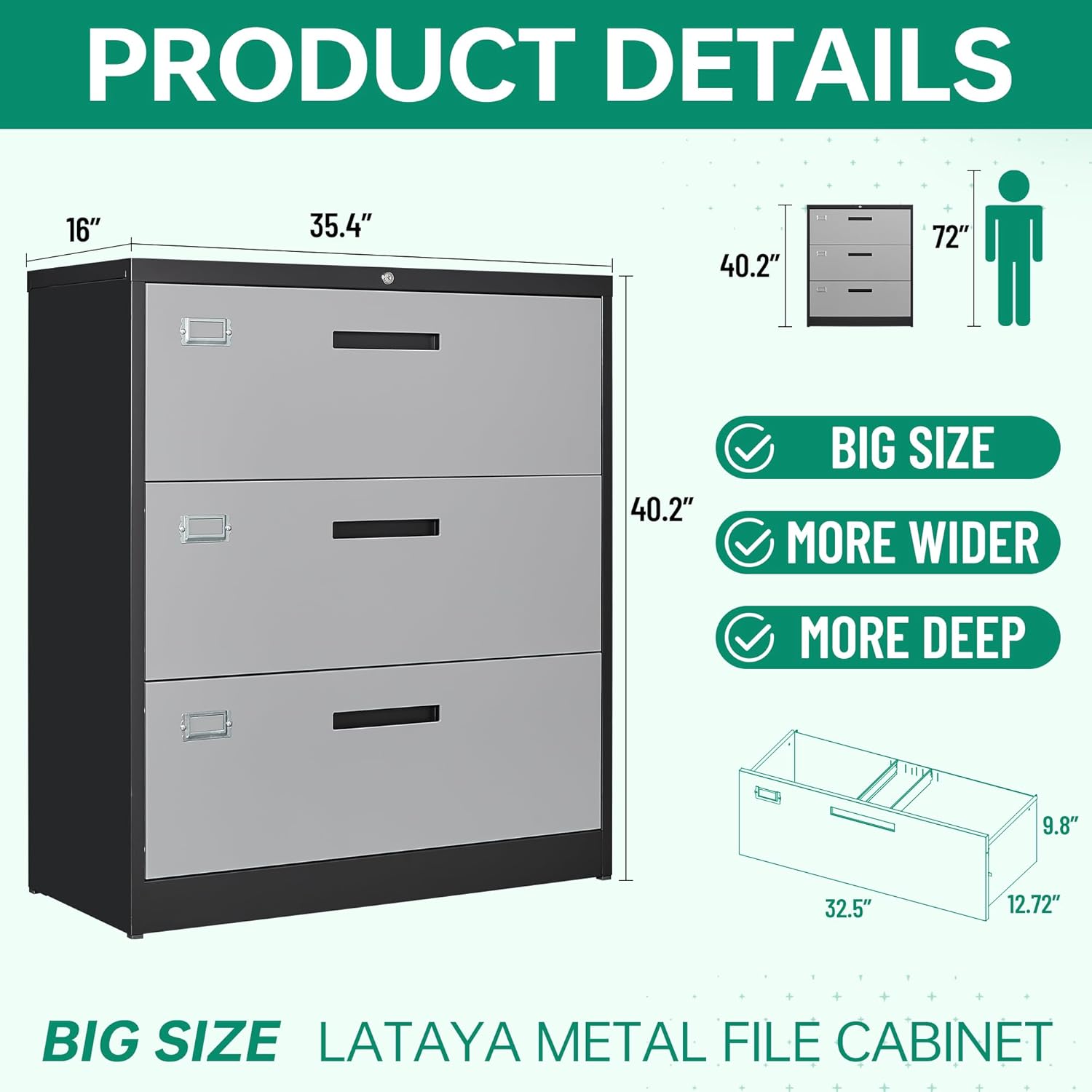 Metal Lateral File Cabinets with Lock,2 Drawer Steel Wide Filing Organization Storage Cabinets,Home Office Furniture for Hanging Files Letter/Legal/F4/A4 Size (Blcak-2 Drawer)