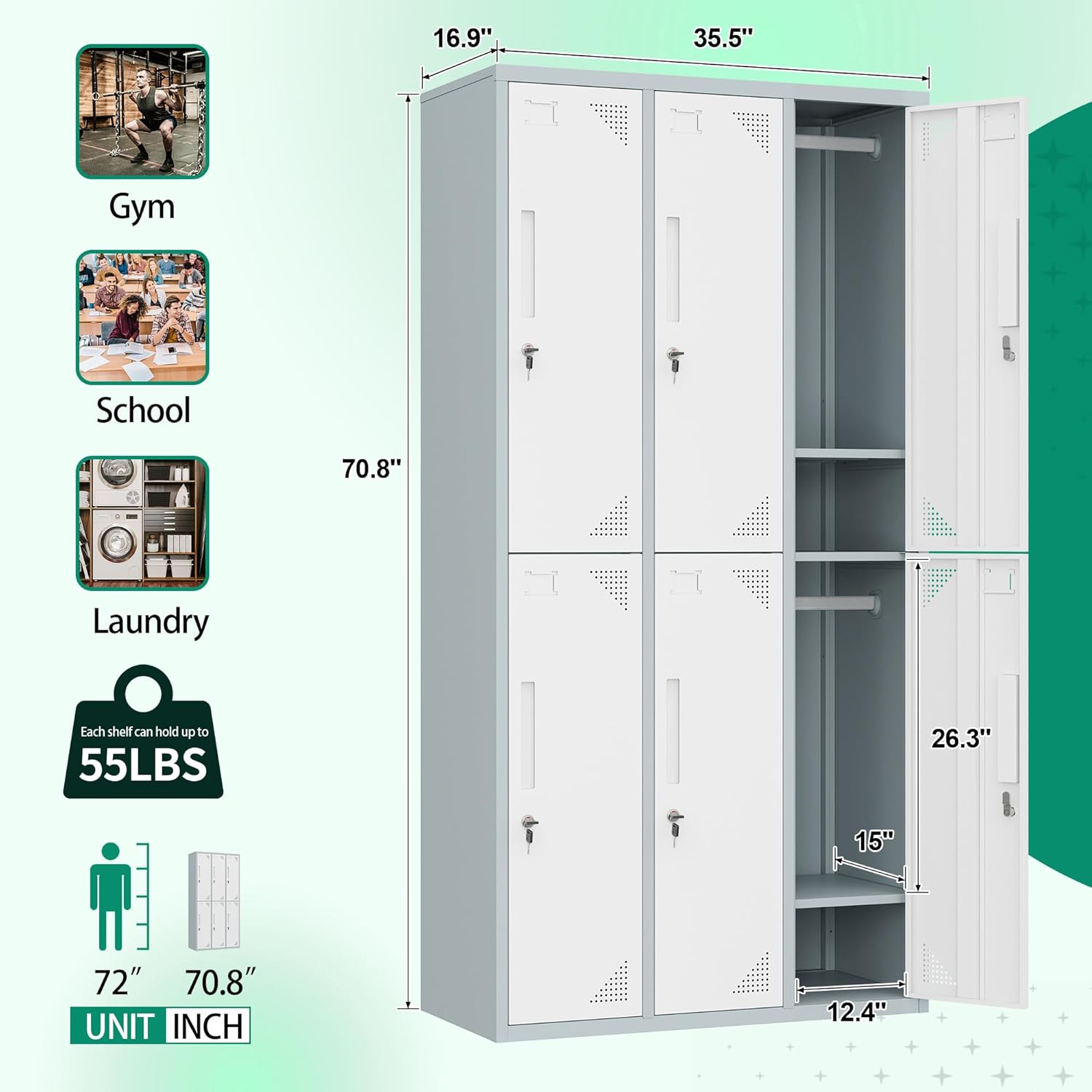 Metal Lockers for Employees,71" Steel Storage Cabinet with 6 Door Lockable for Office Staff,Home,Gym,School (Grey White)