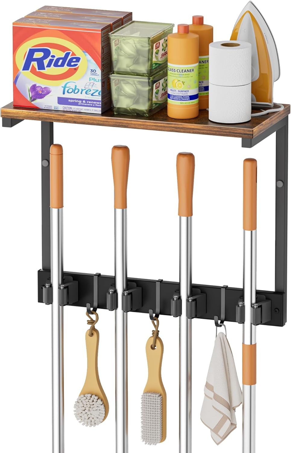 Broom Holder Wall Mount with Cleaning Supplies Organizer, Laundry Room Organization and Storage Shelves with Ironing Board Holder, Mop Hanger Broom Rack with Hooks, Home Improvement Garage Organizer