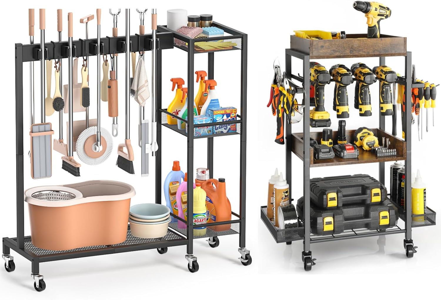 Broom Mop Holder and Power Tool Cart