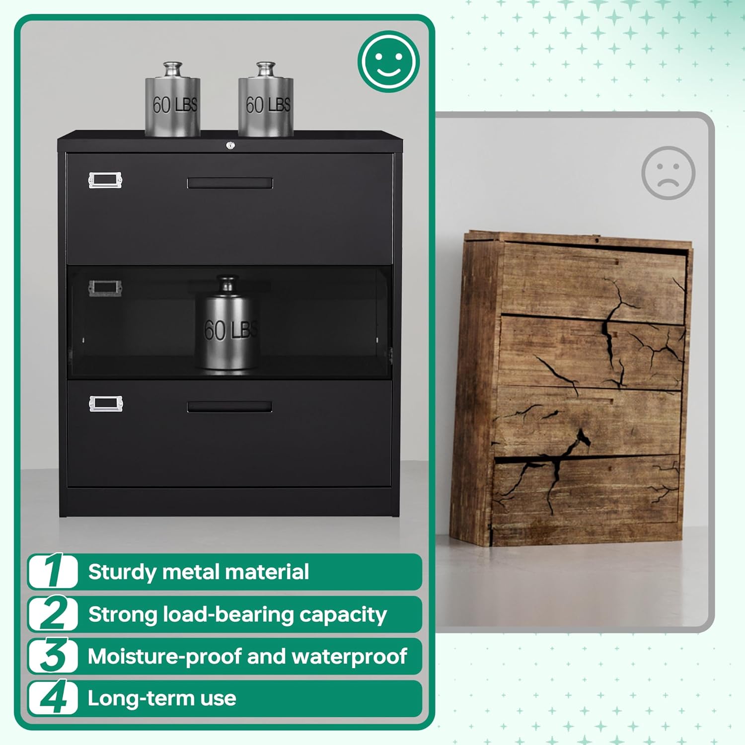 Metal Lateral File Cabinets with Lock,2 Drawer Steel Wide Filing Organization Storage Cabinets,Home Office Furniture for Hanging Files Letter/Legal/F4/A4 Size (Blcak-2 Drawer)