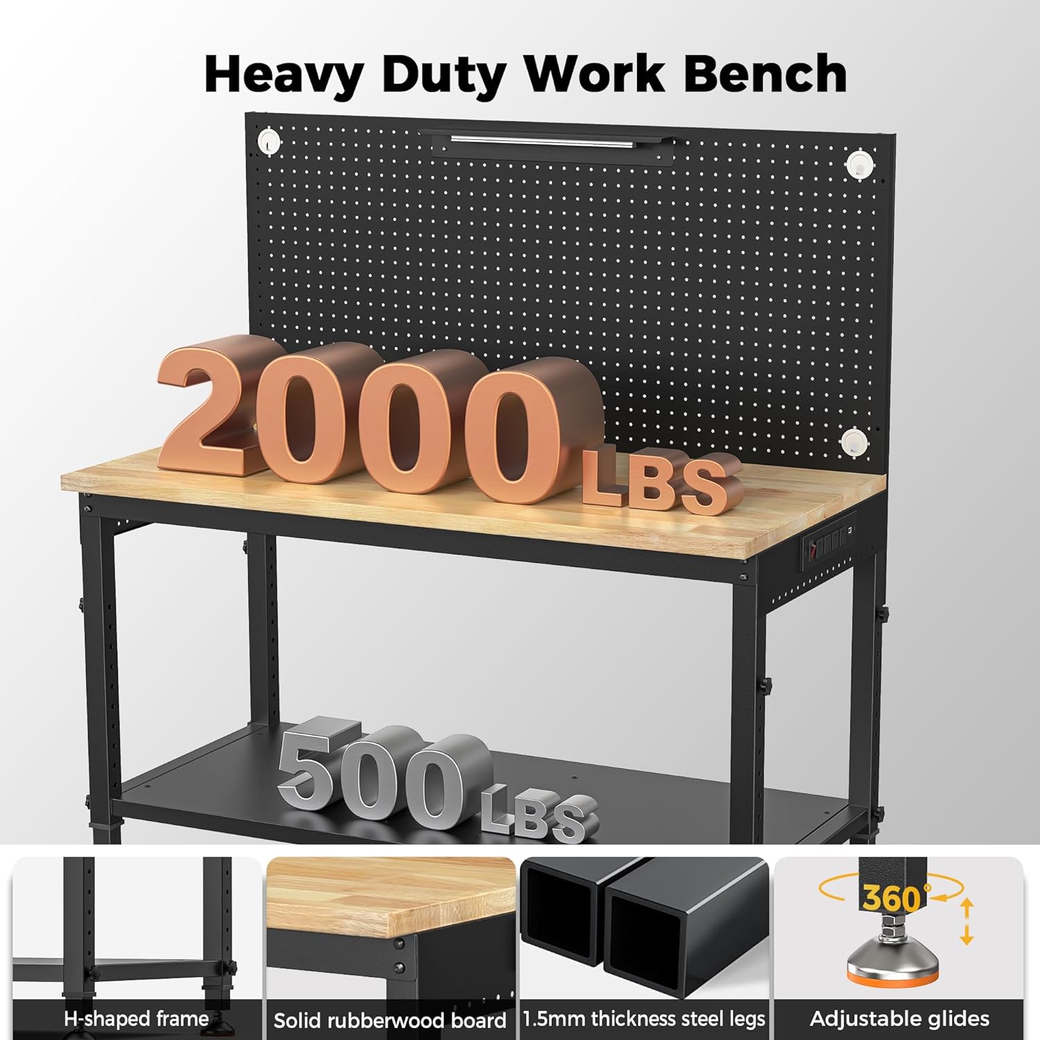 48" Adjustable Heavy Duty Workbench, 2000 lbs Load Rubberwood Work Table with Storage Shelf, Pegboard, LED Light & Power Strip for Garage & Woodworking Shop